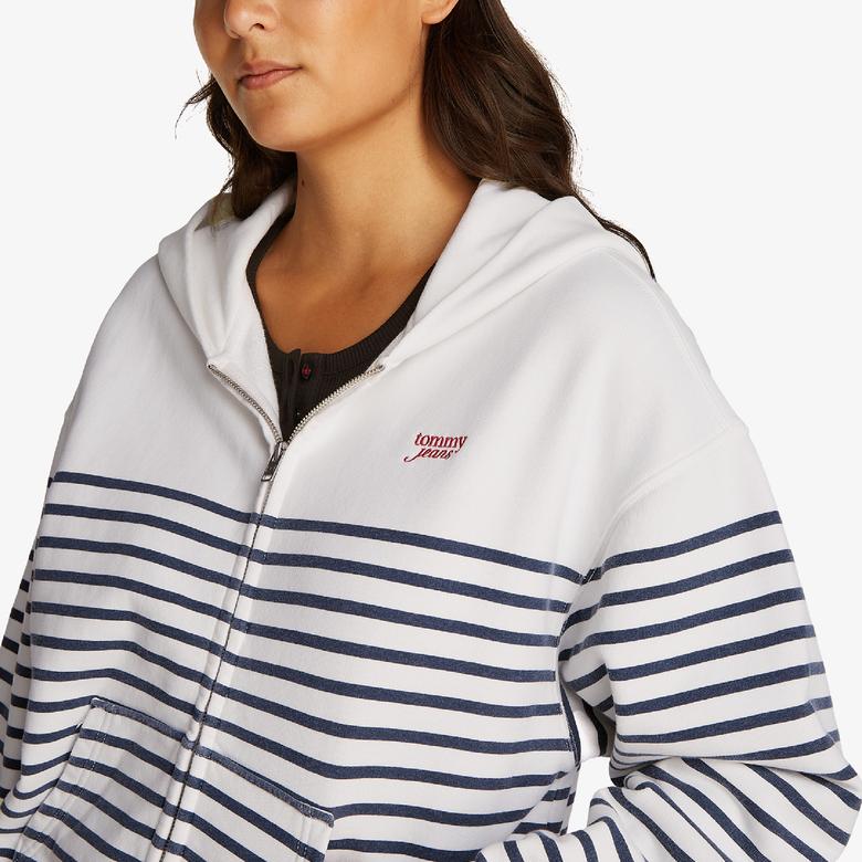 Tommy Jeans Bxy Script Logo Zip Thru Kadın Beyaz Sweatshirt
