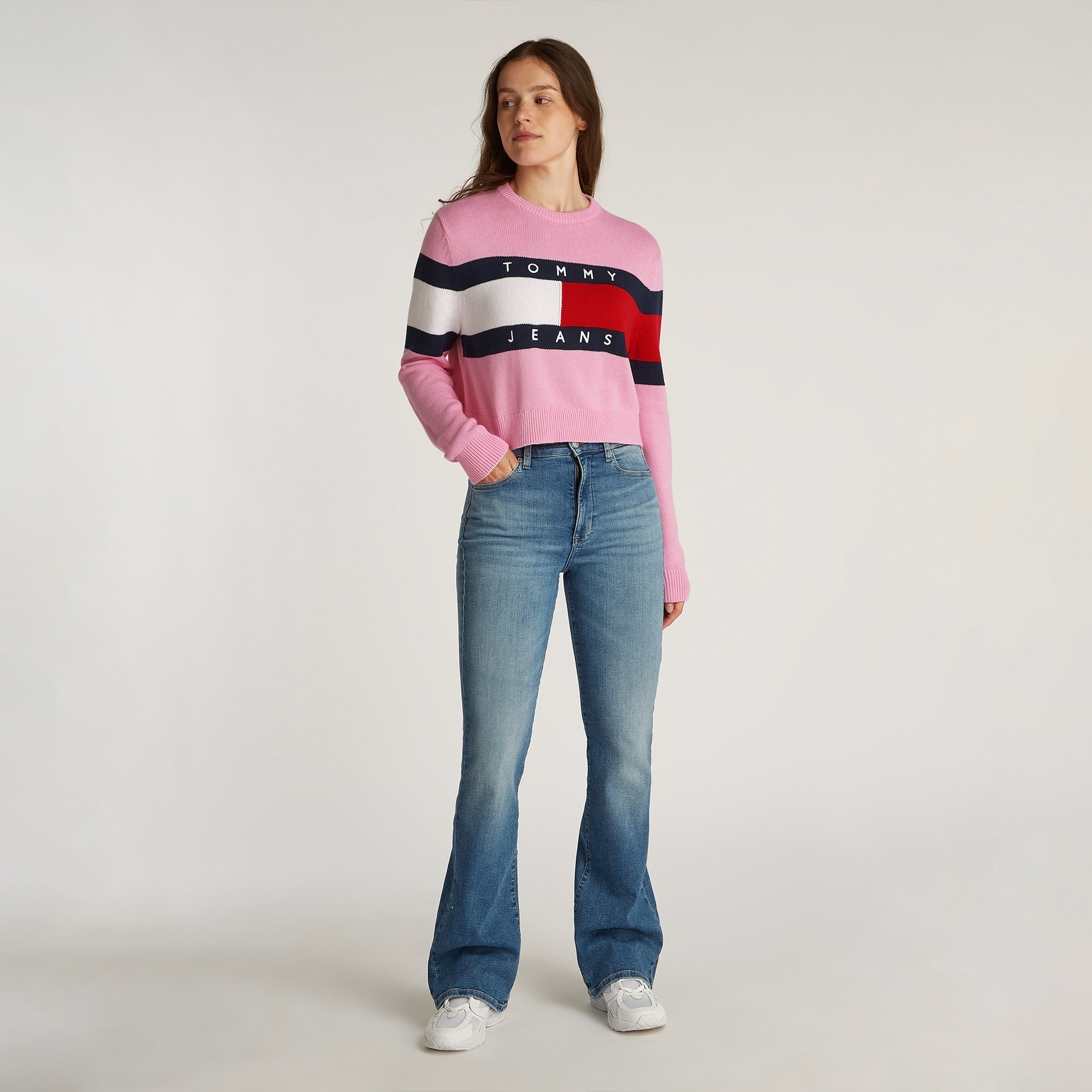 Tommy Jeans Center Flag Ext Kadın Pembe Kazak
