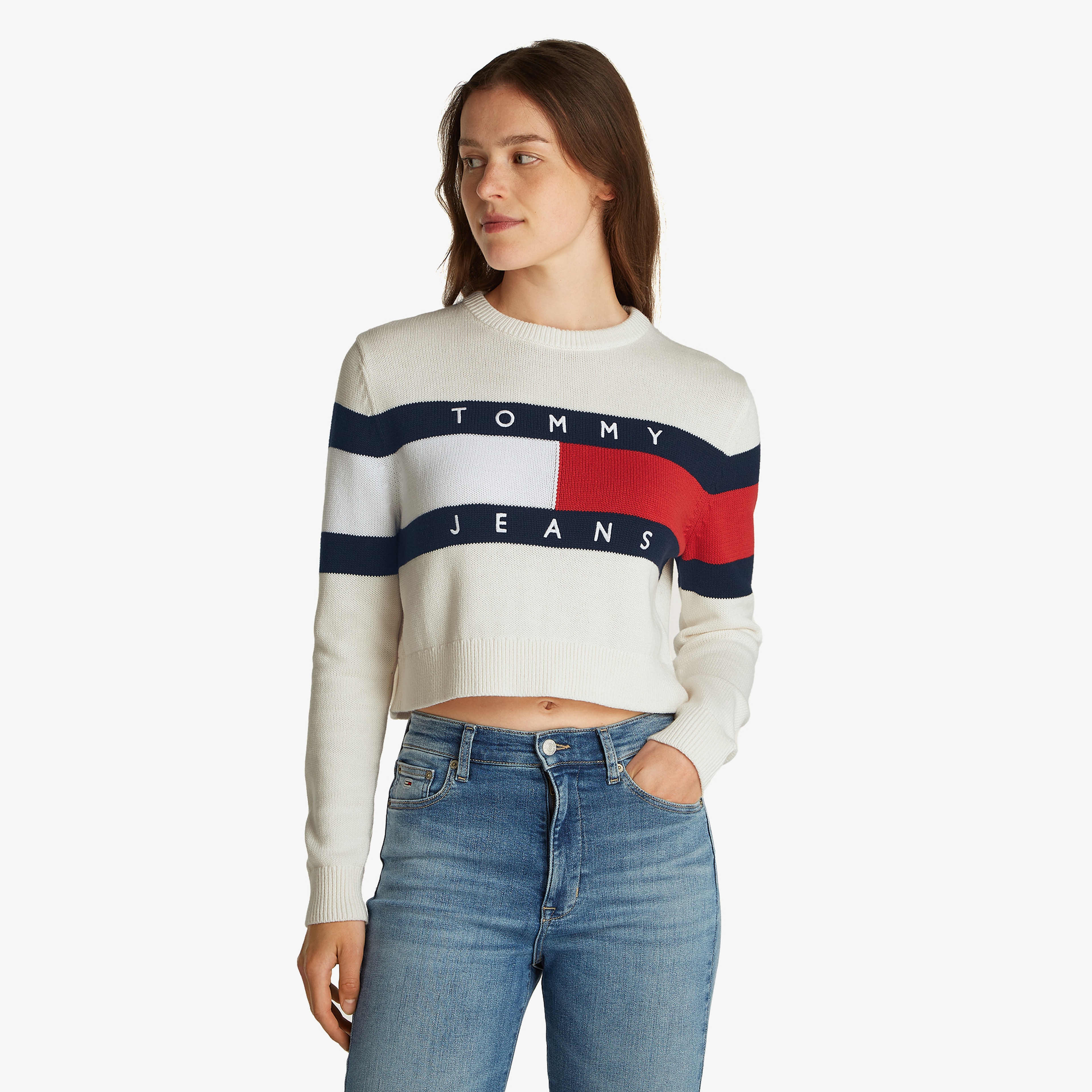 Tommy Jeans Center Flag Ext Kadın Beyaz Kazak