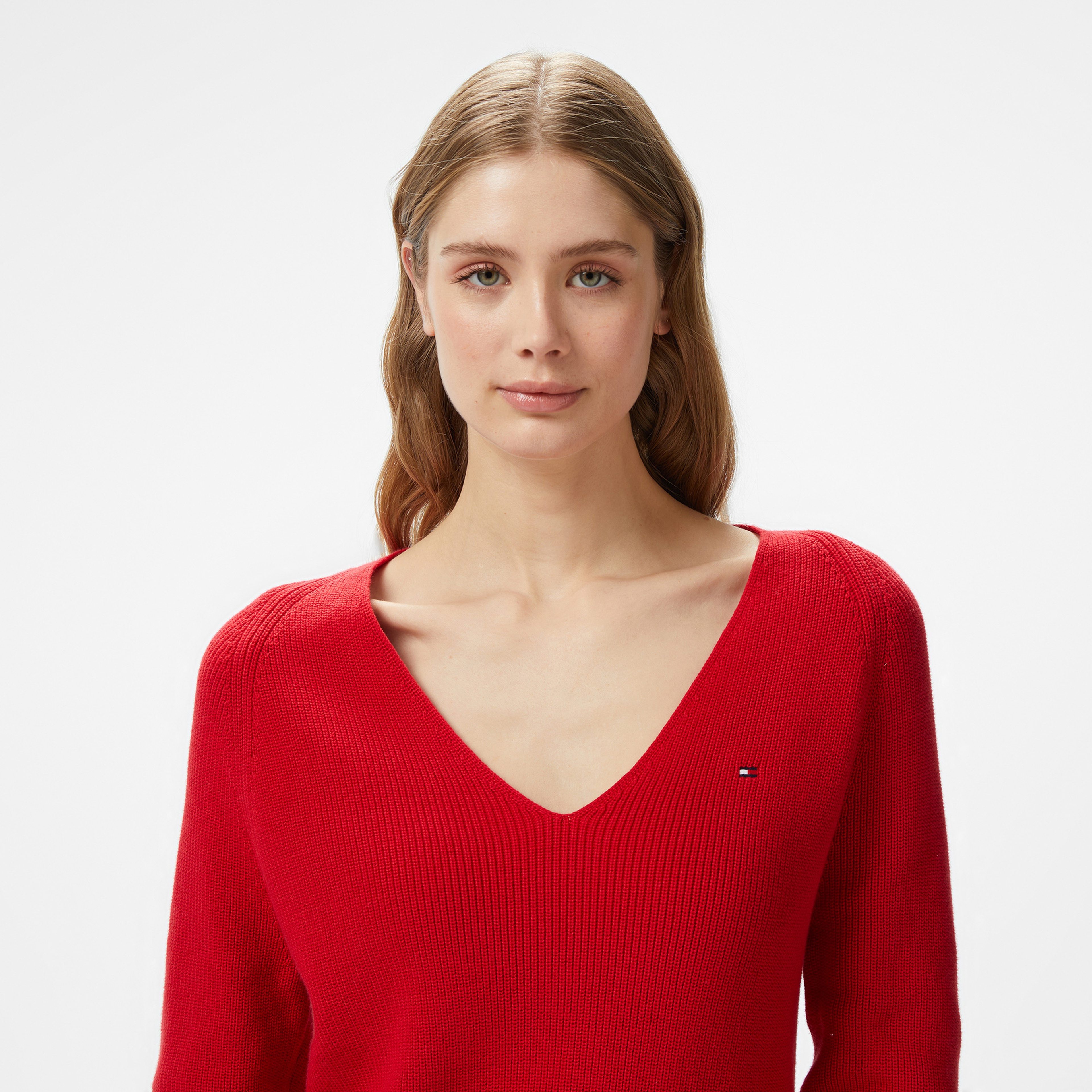 Tommy Hilfiger Co Cardi Stitch V-Nk Kadın Kırmızı Kazak