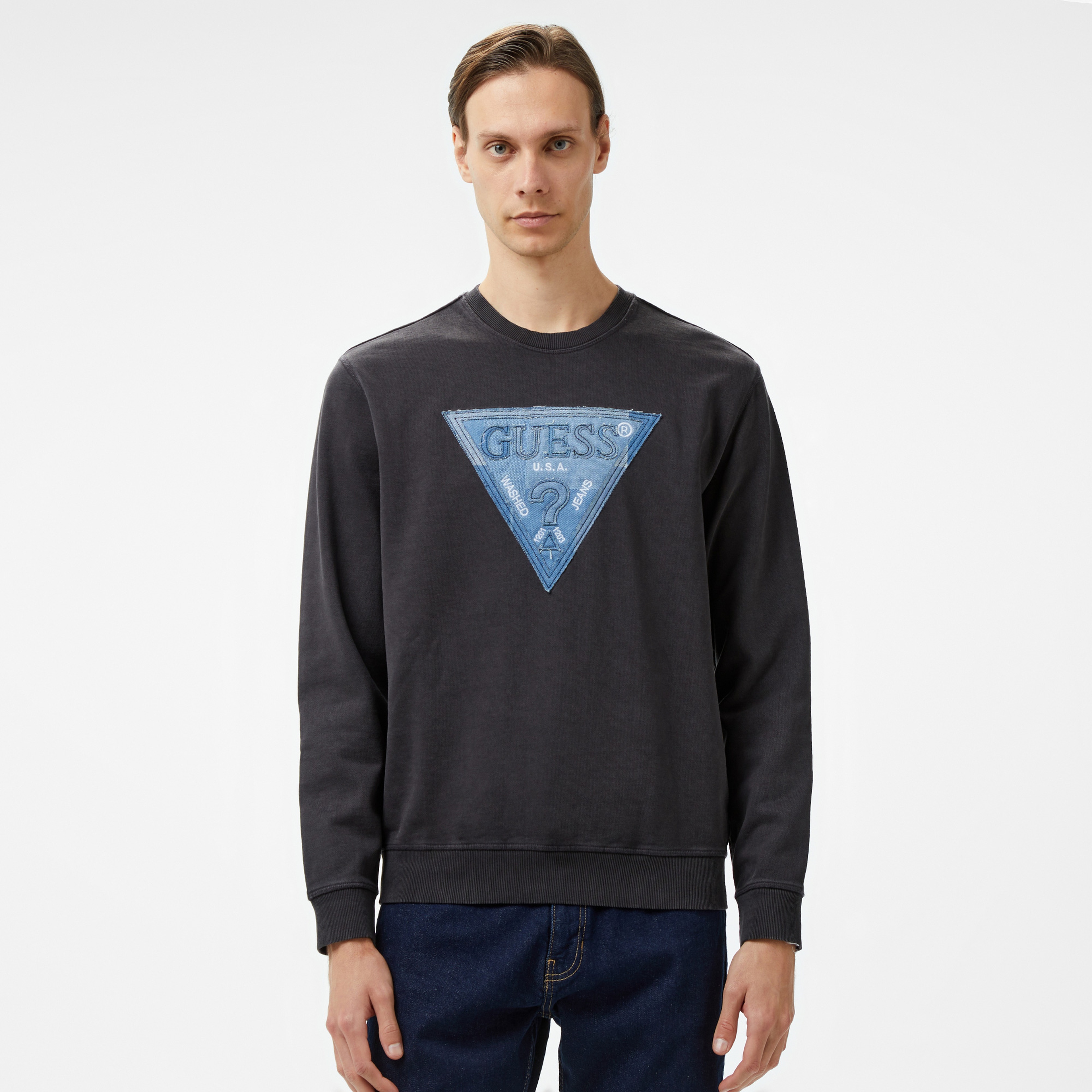 Guess Triangle Patch Brushed 450 Erkek Siyah Sweatshirt