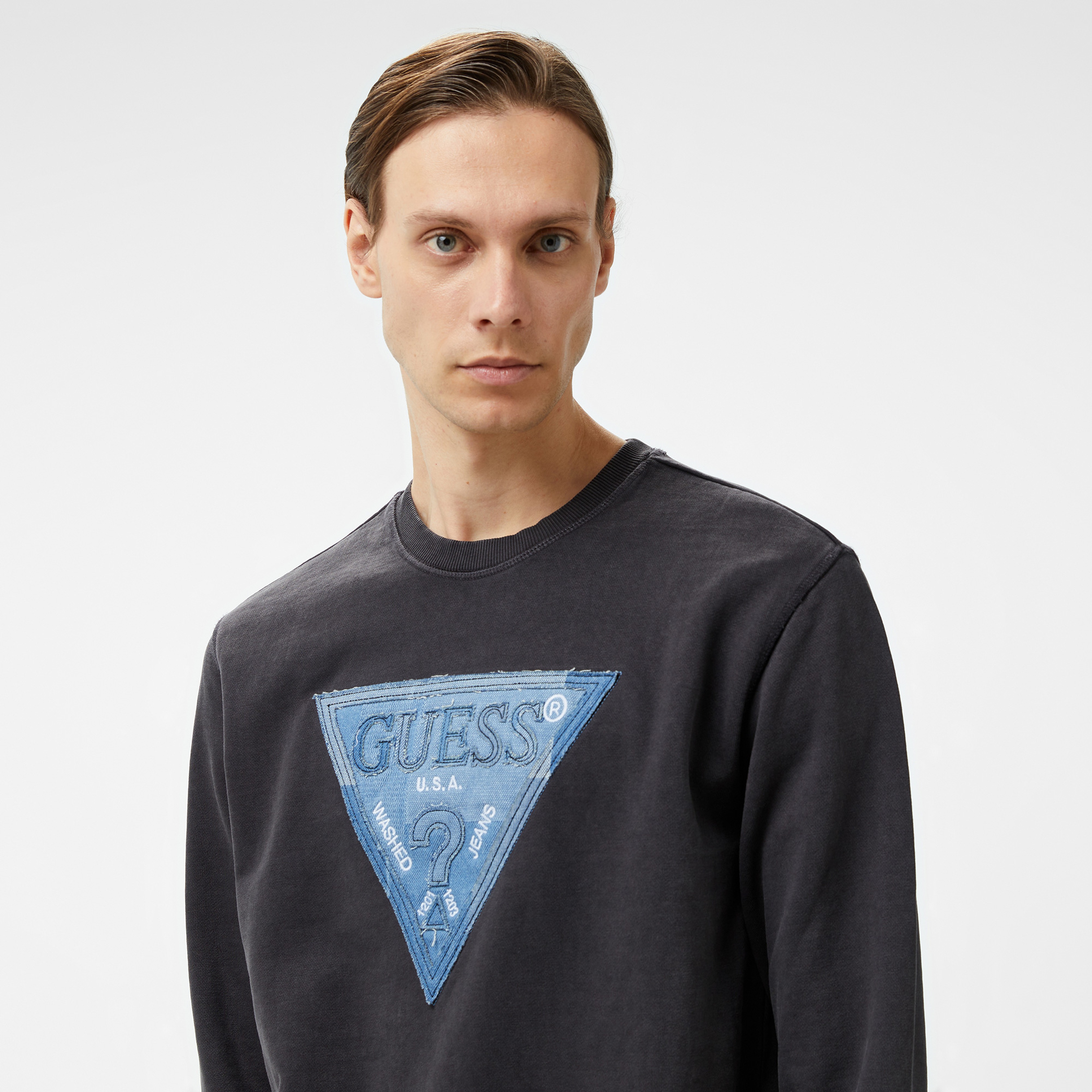 Guess Triangle Patch Brushed 450 Erkek Siyah Sweatshirt