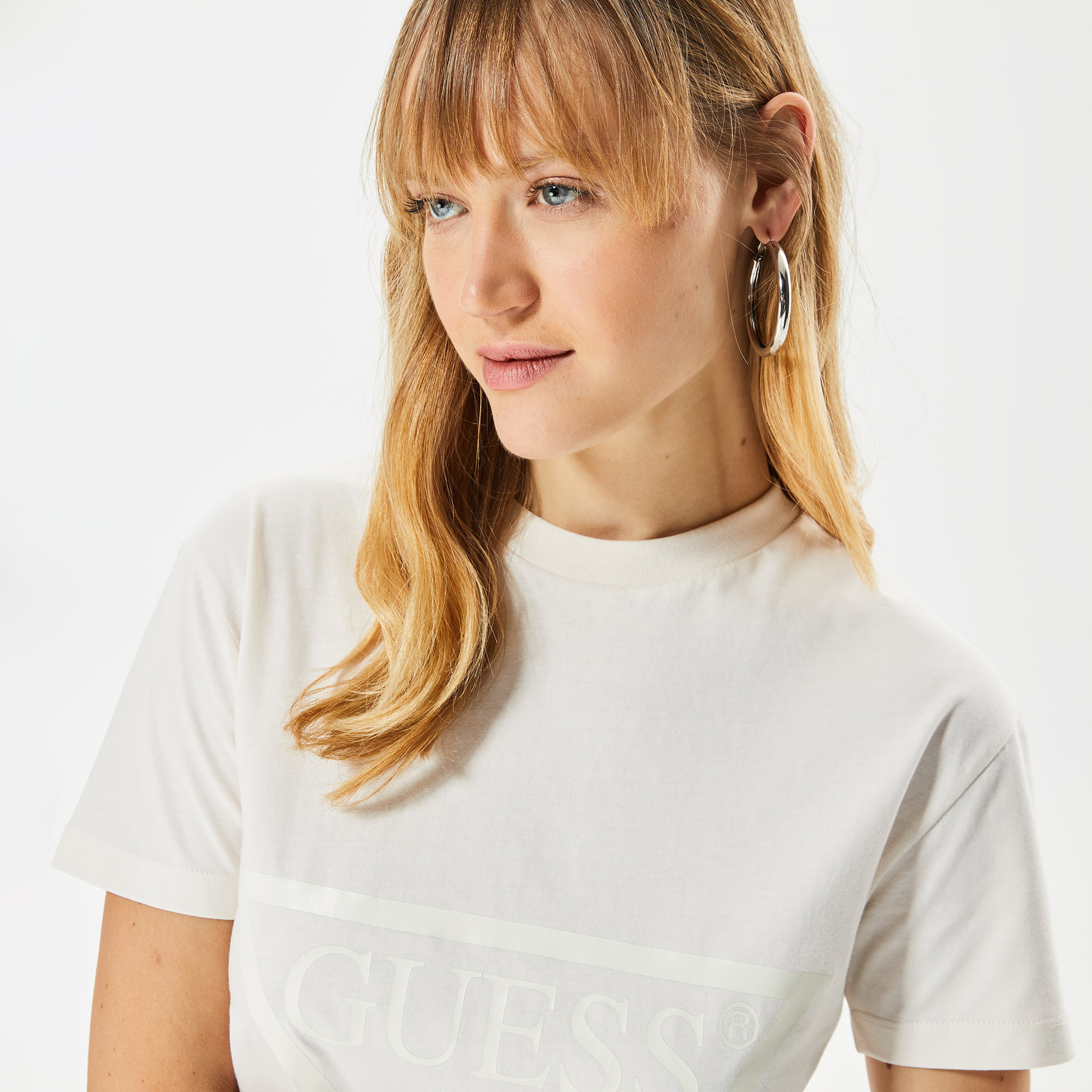 Guess Adele Crop Organic 160Gsm Kadın Krem T-Shirt
