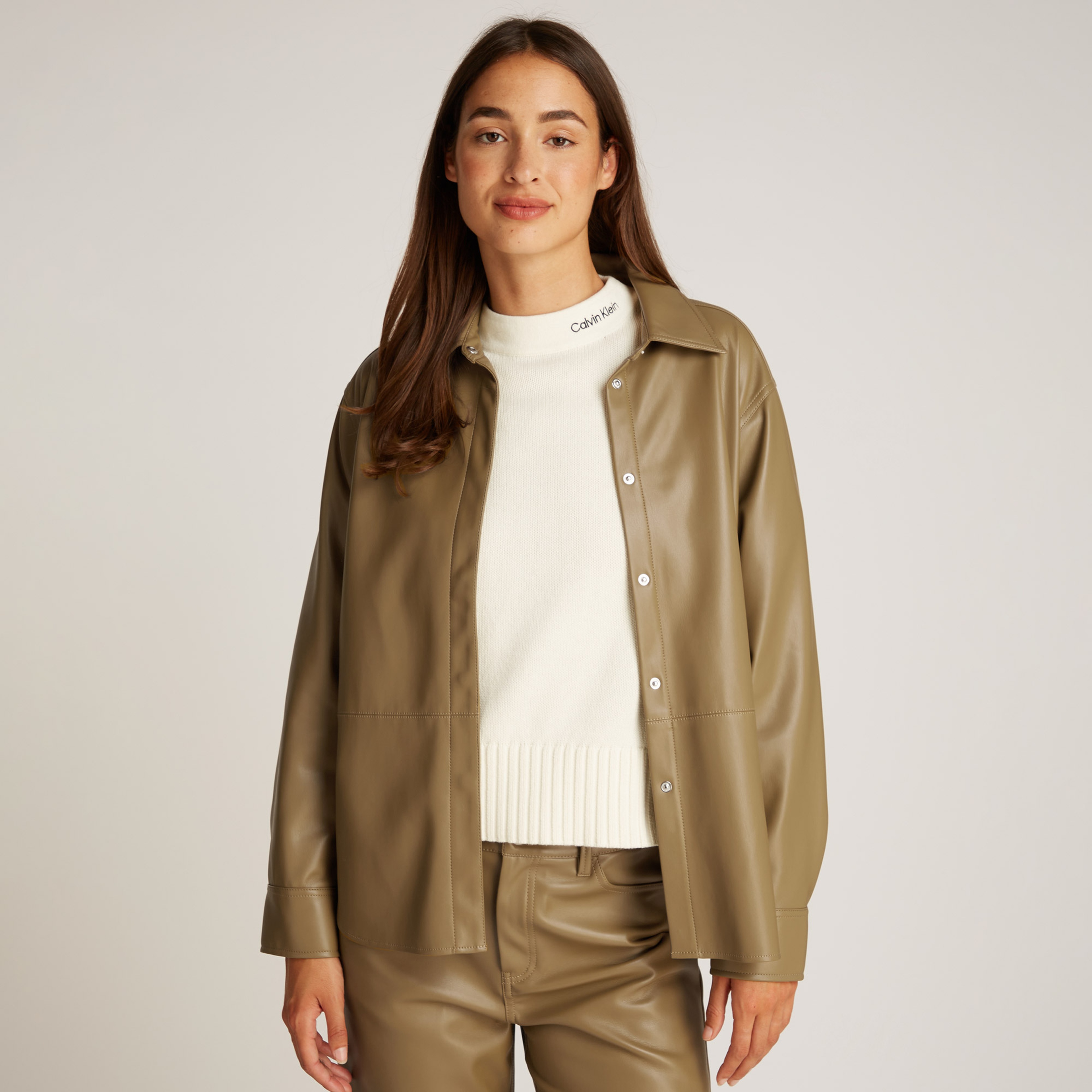 Calvin Klein Faux Leather Regular Kadın Yeşil Gömlek