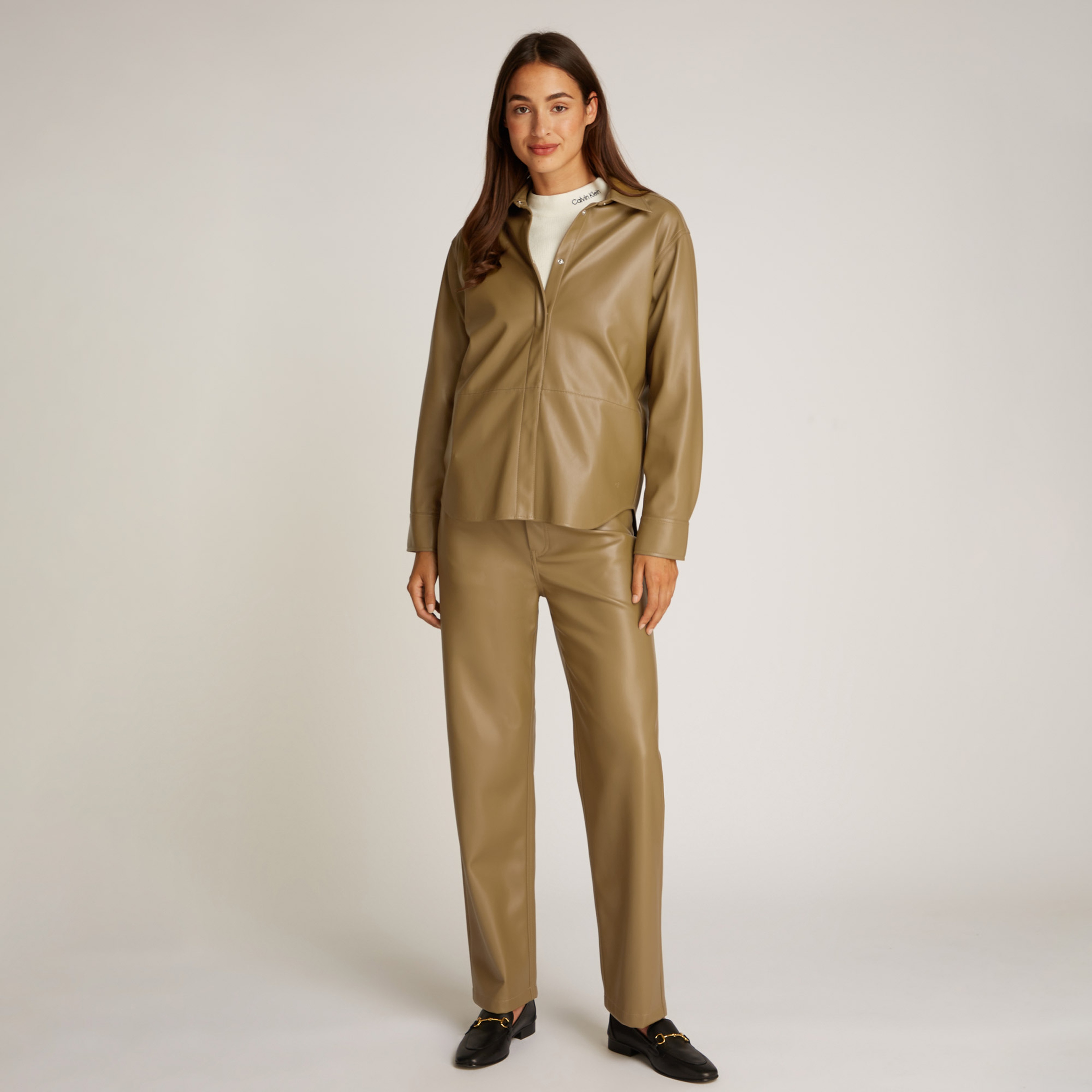 Calvin Klein Faux Leather Regular Kadın Yeşil Gömlek