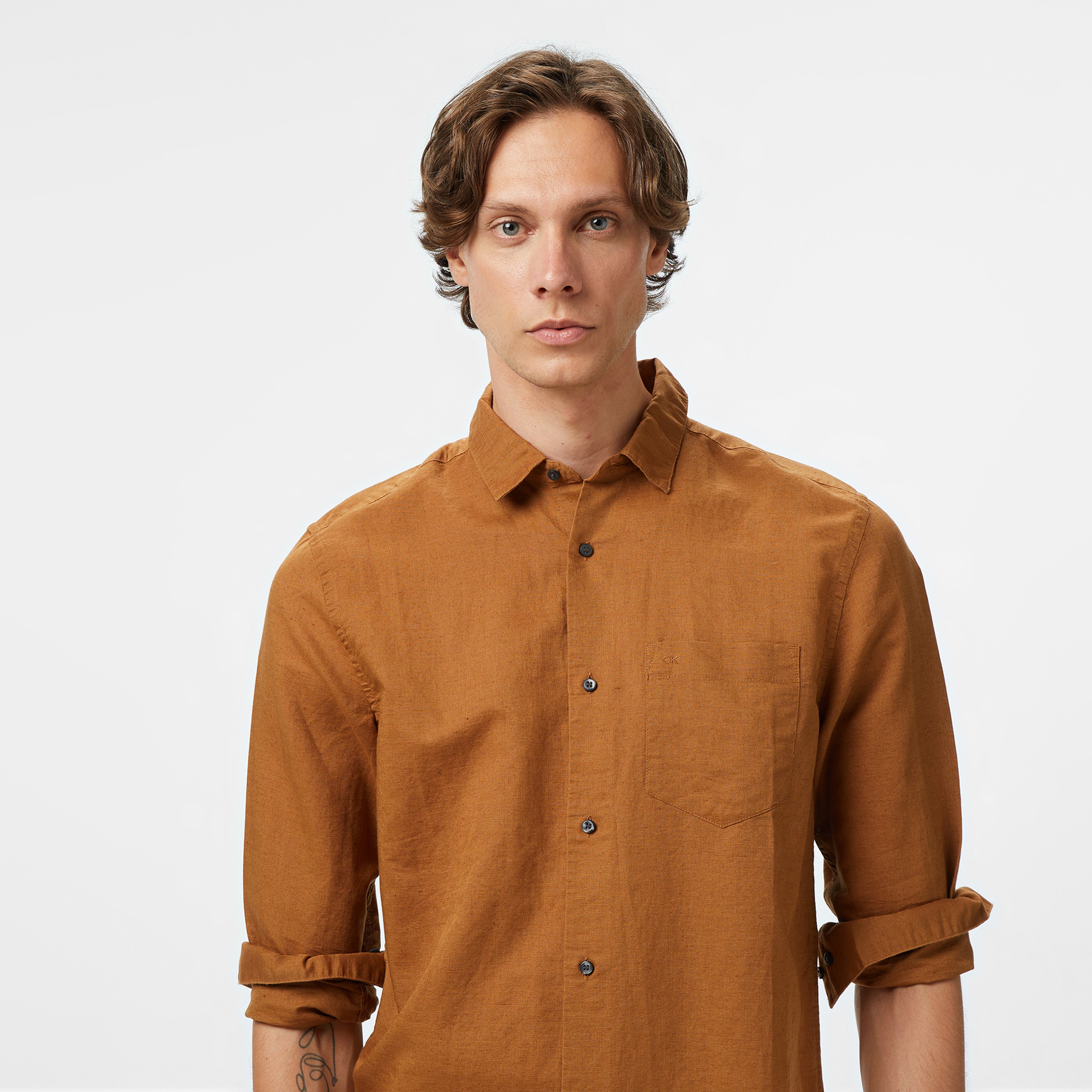 Calvin Klein Linen Cotton Regular Erkek Kahverengi Gömlek