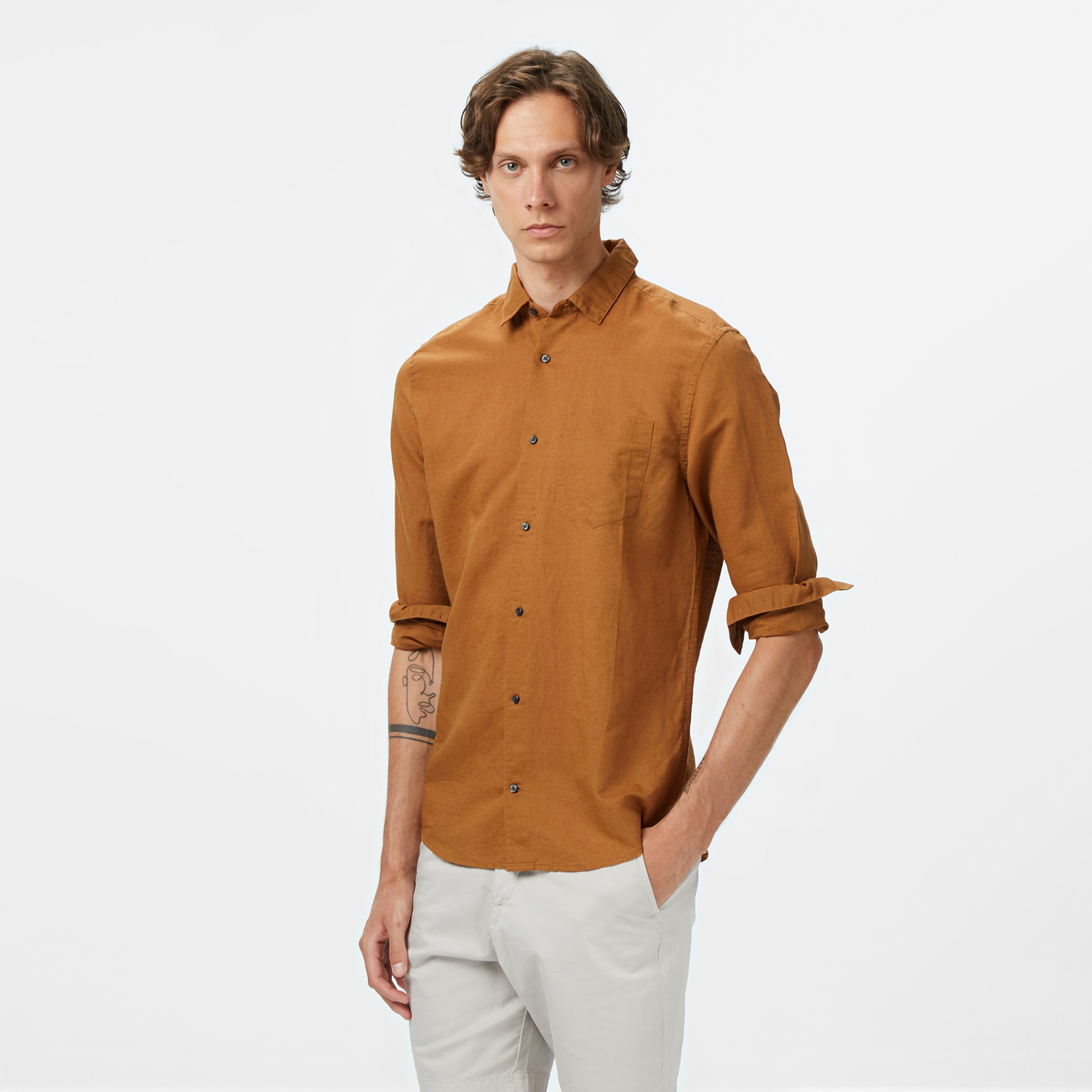 Calvin Klein Linen Cotton Regular Erkek Kahverengi Gömlek