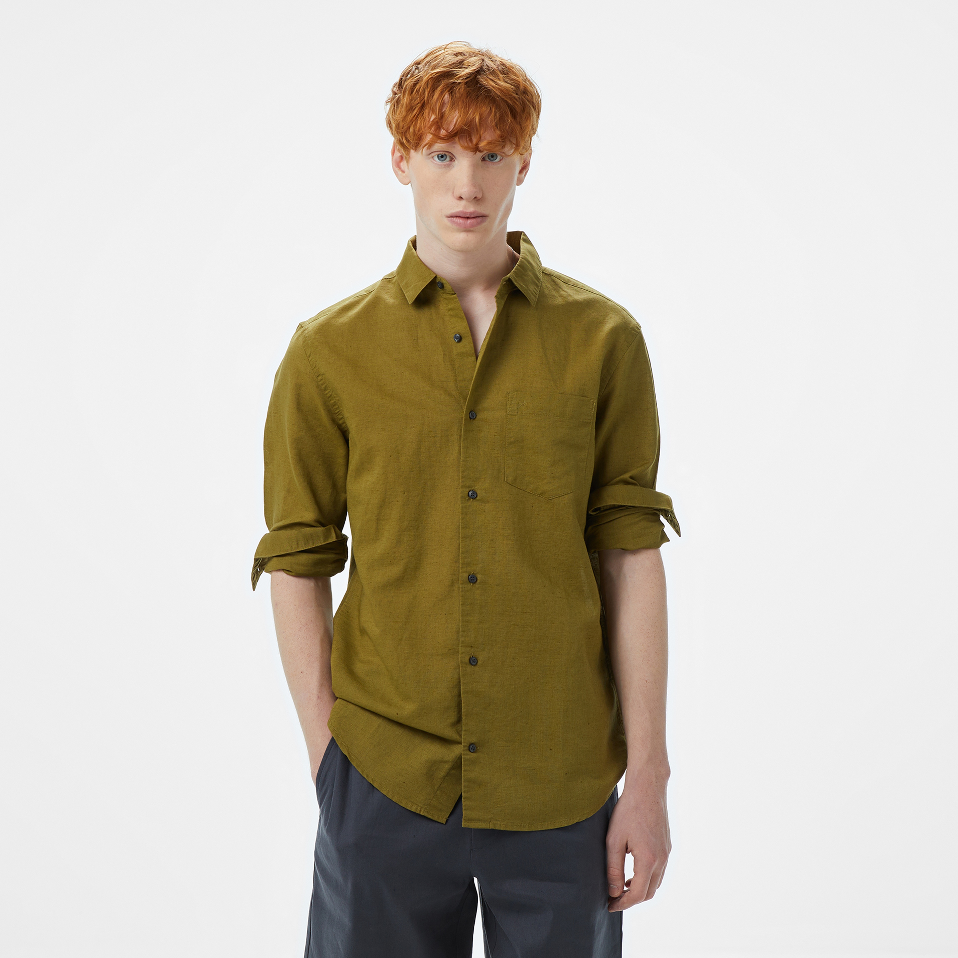 Calvin Klein Linen Cotton Regular Erkek Yeşil Gömlek