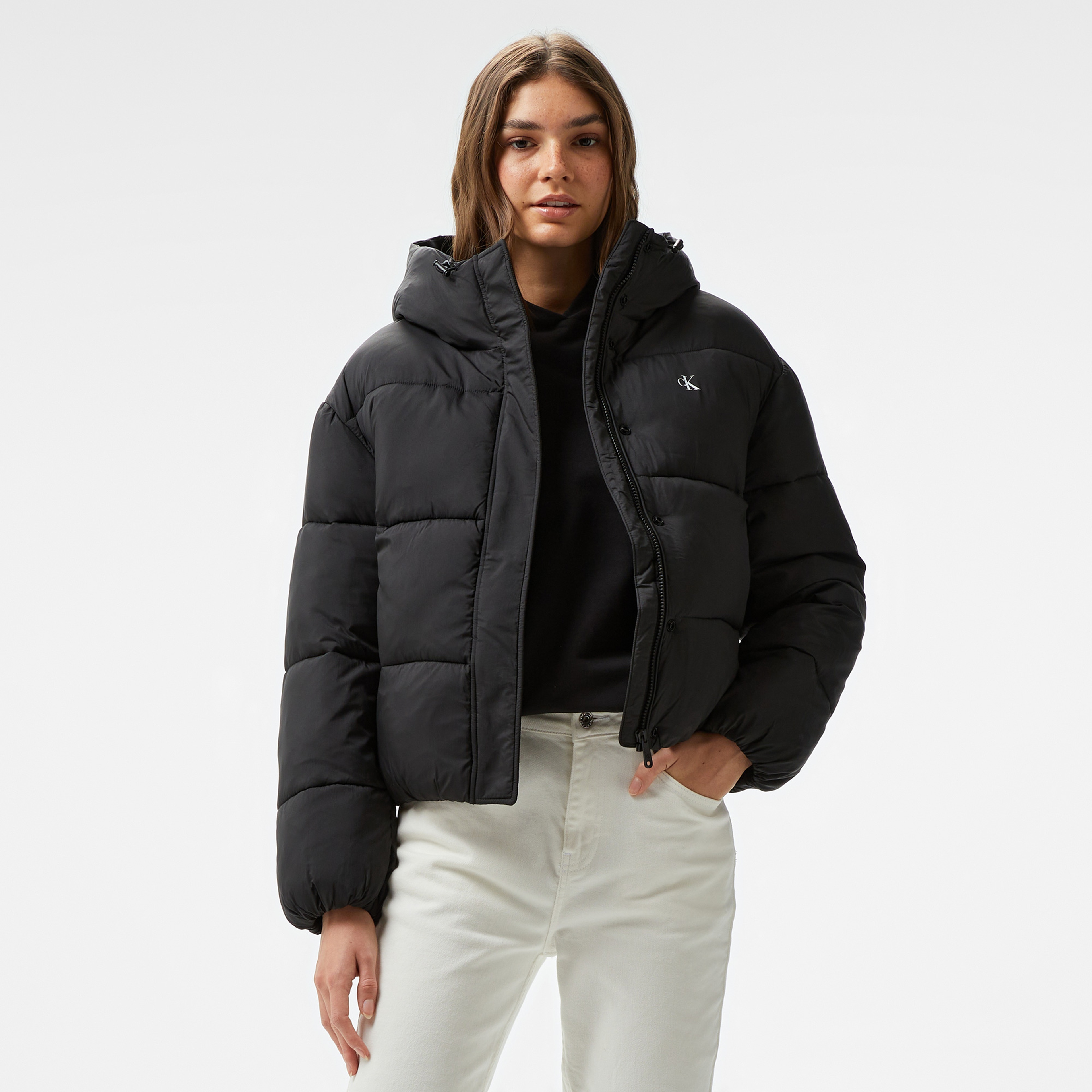 Calvin Klein Jeans Logo Short Hooded Puffer Kadın Siyah Mont