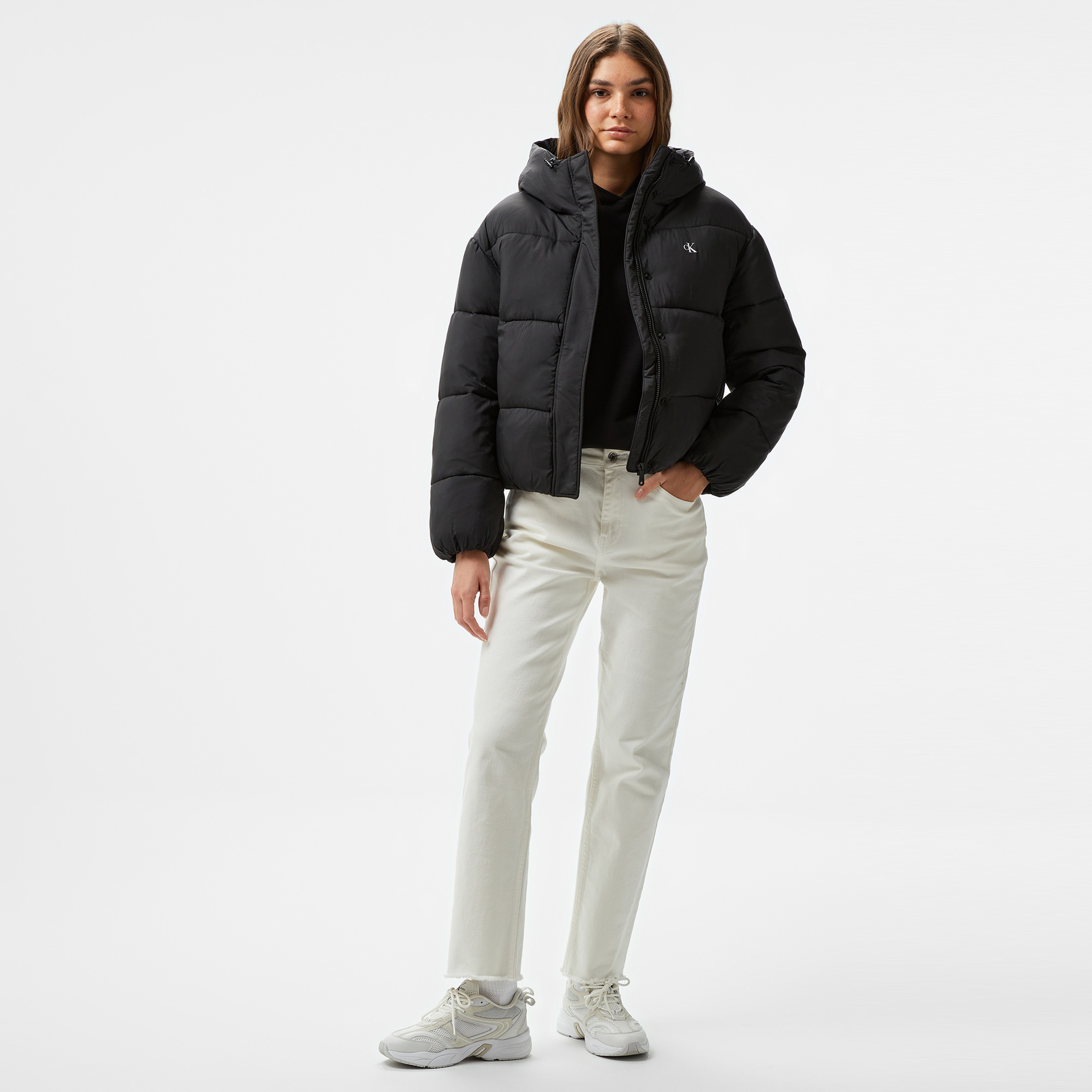 Calvin Klein Jeans Logo Short Hooded Puffer Kadın Siyah Mont