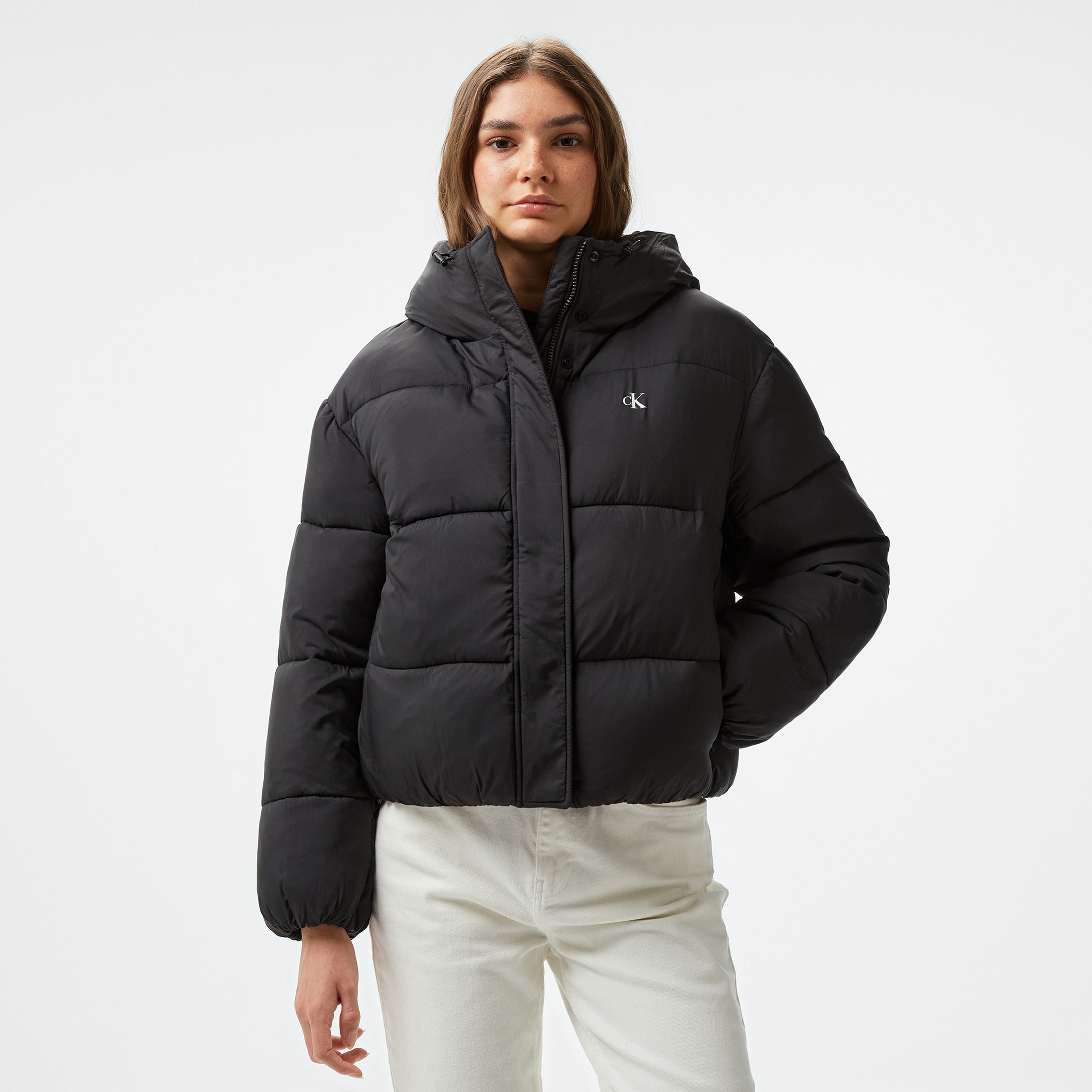 Calvin Klein Jeans Logo Short Hooded Puffer Kadın Siyah Mont