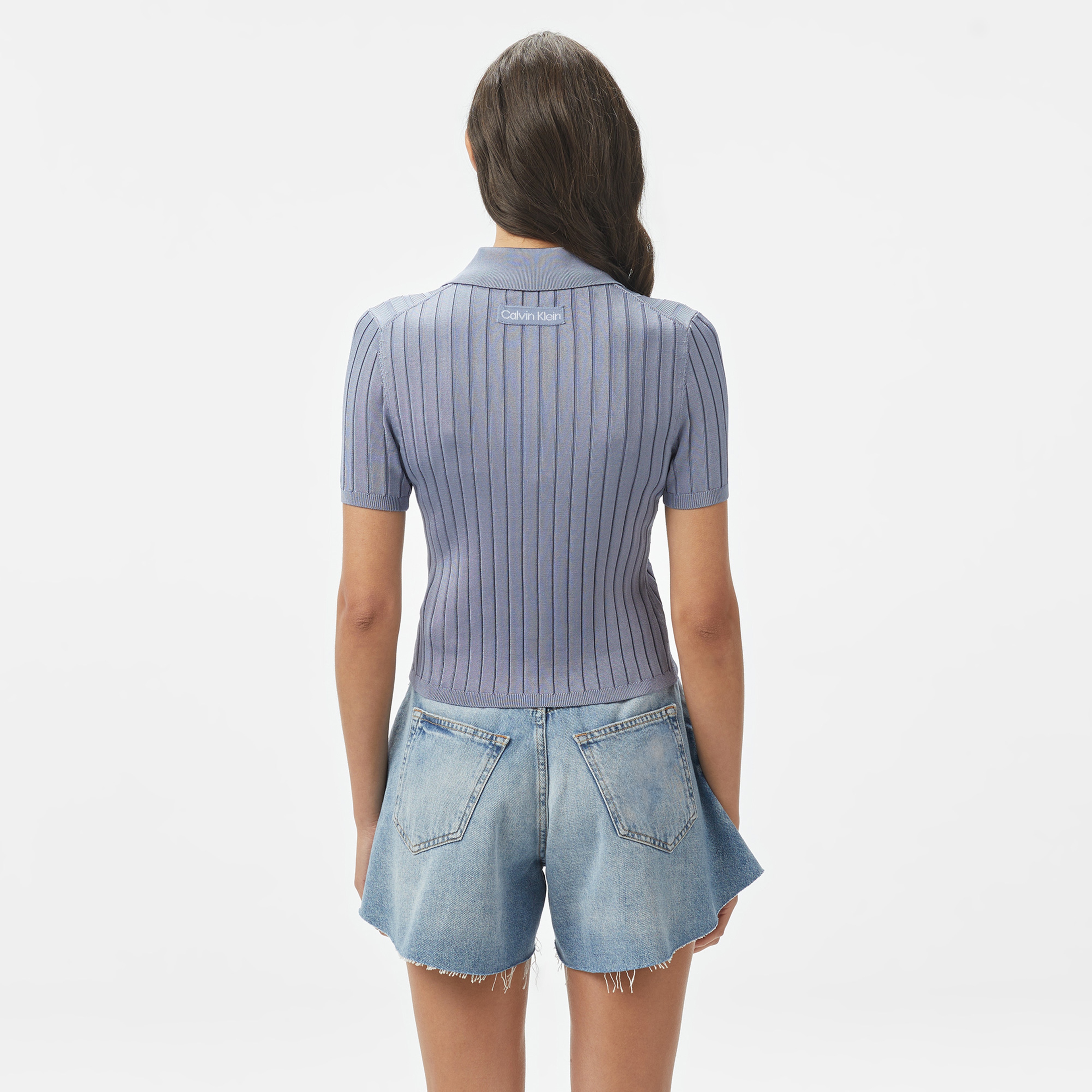 Calvin Klein Silky Cropped Baby Polo Kadın Mavi Triko