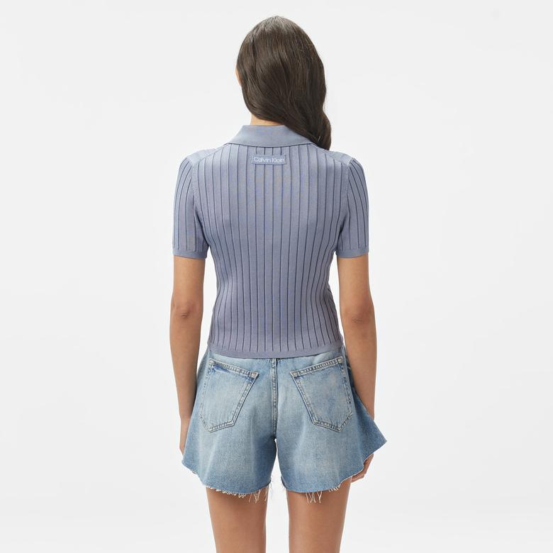 Calvin Klein Silky Cropped Baby Polo Kadın Mavi Triko