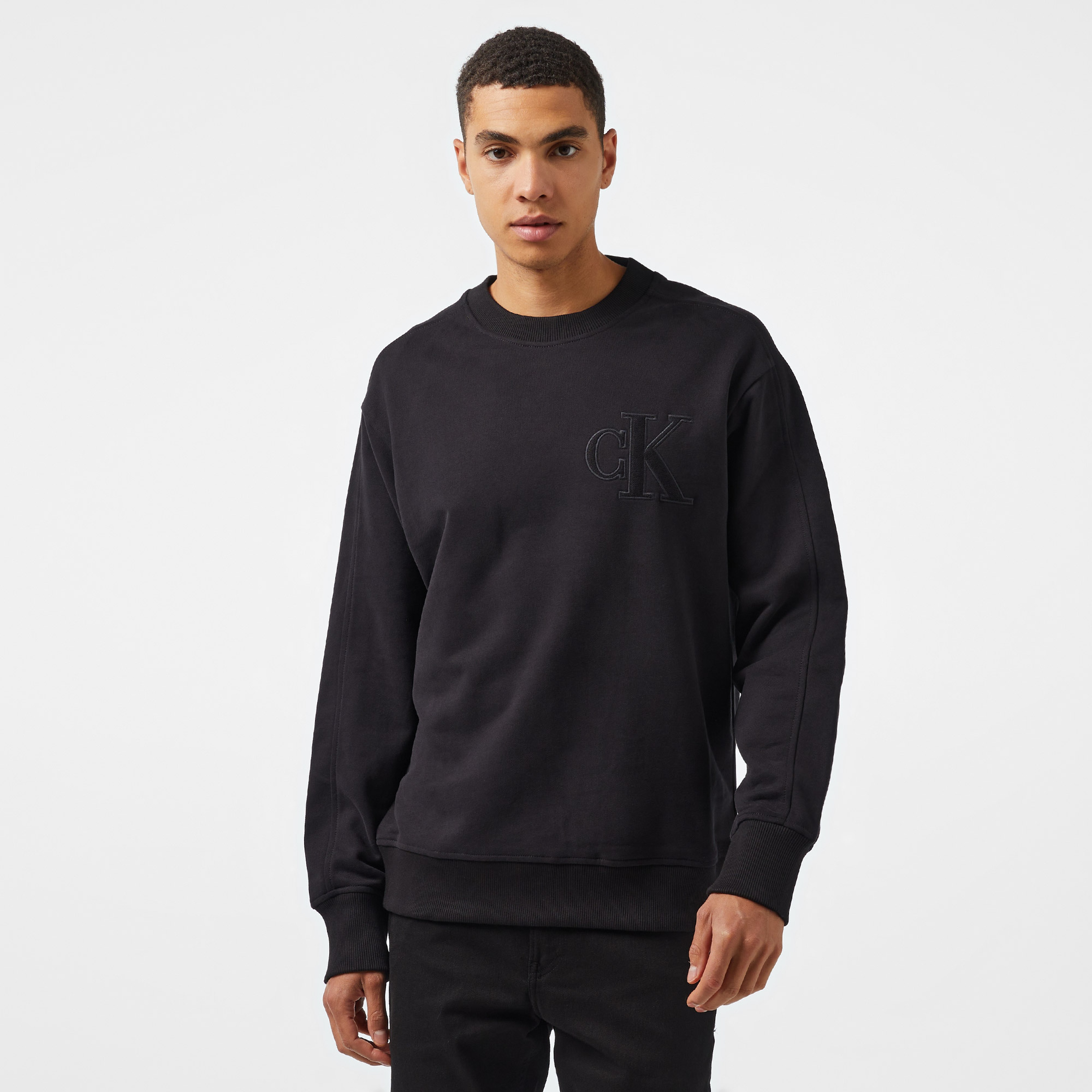 Calvin Klein Jeans Applique Crew Neck Erkek Siyah Sweatshirt
