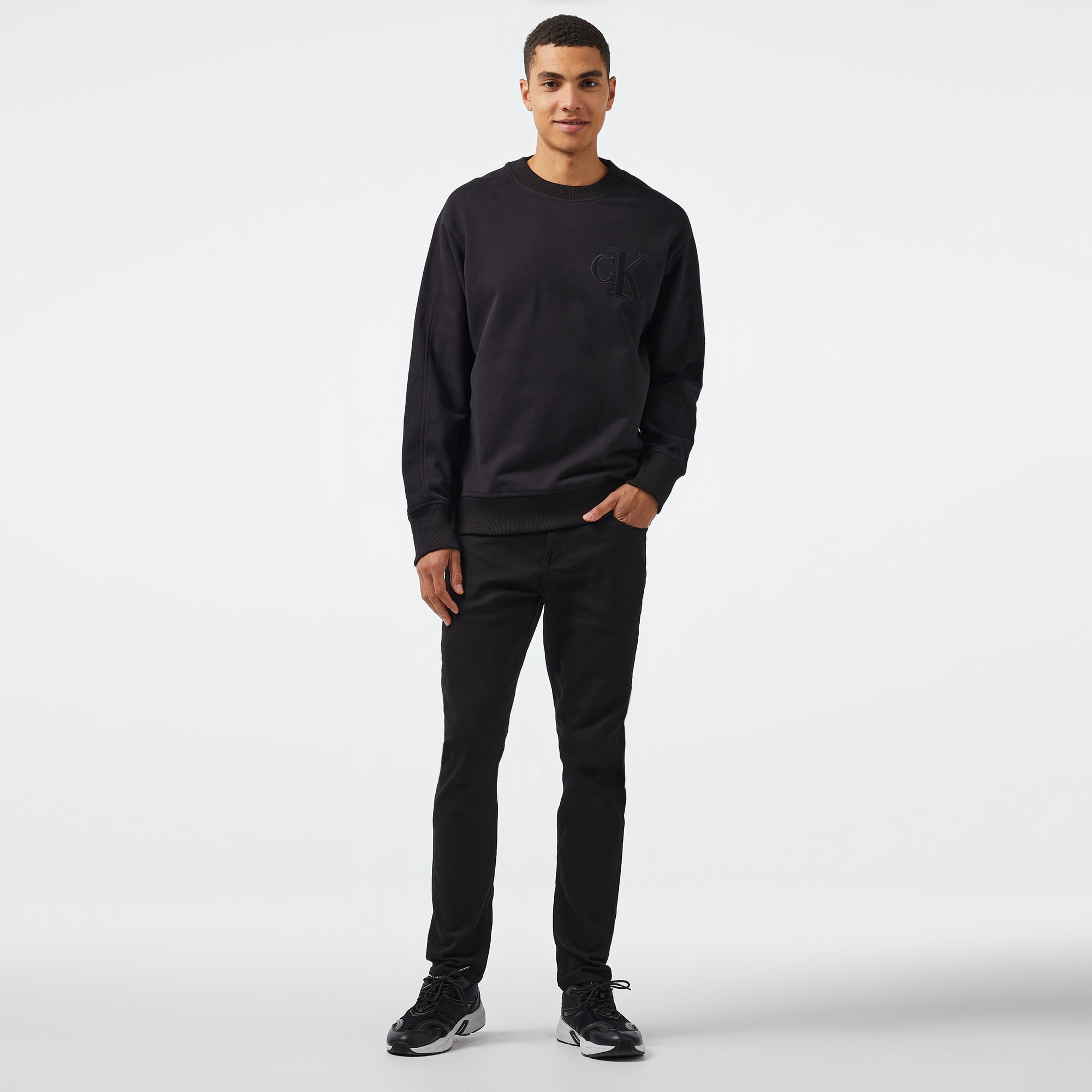 Calvin Klein Jeans Applique Crew Neck Erkek Siyah Sweatshirt