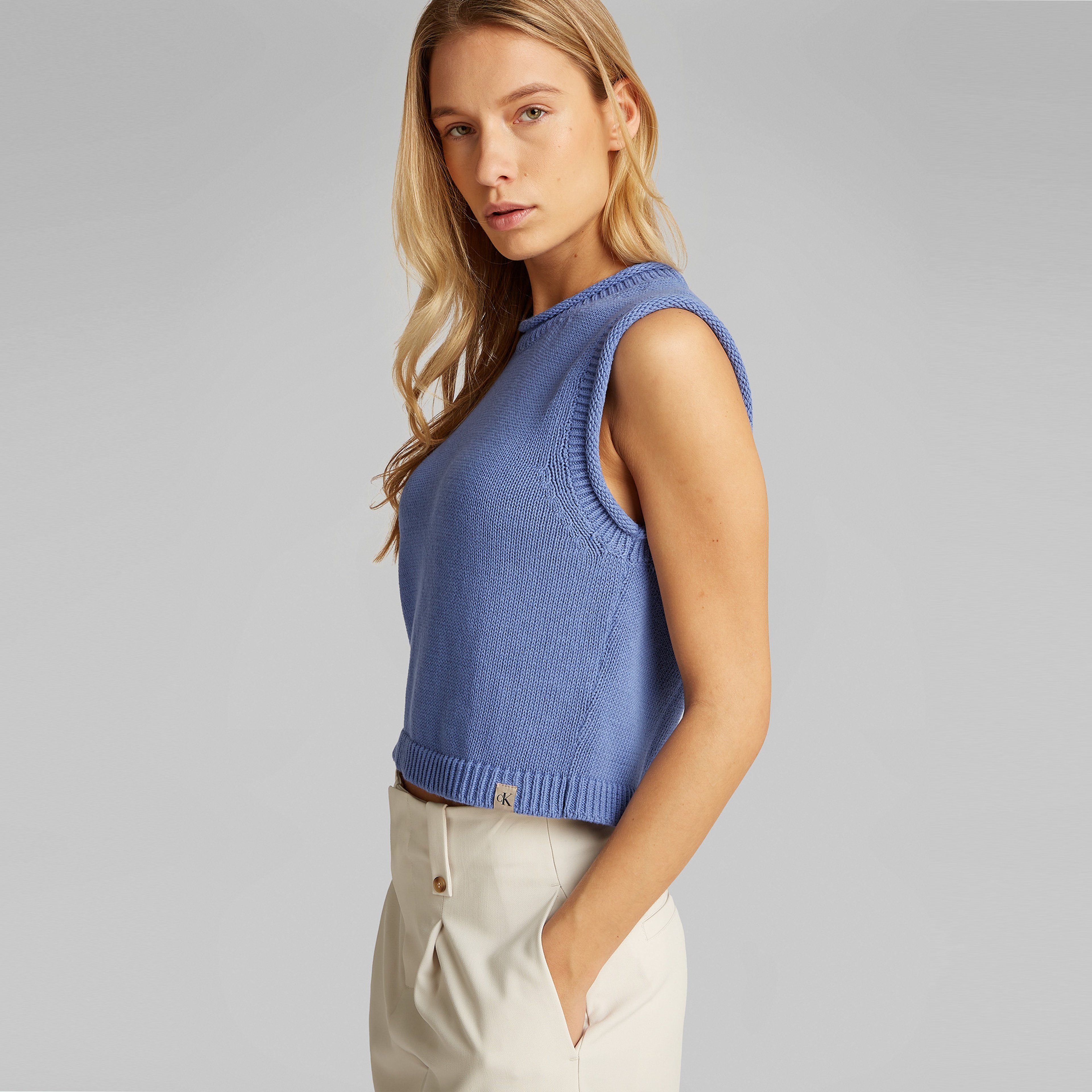 Calvin Klein Linen Blend Loose Sweater Top Kadın Mavi Triko