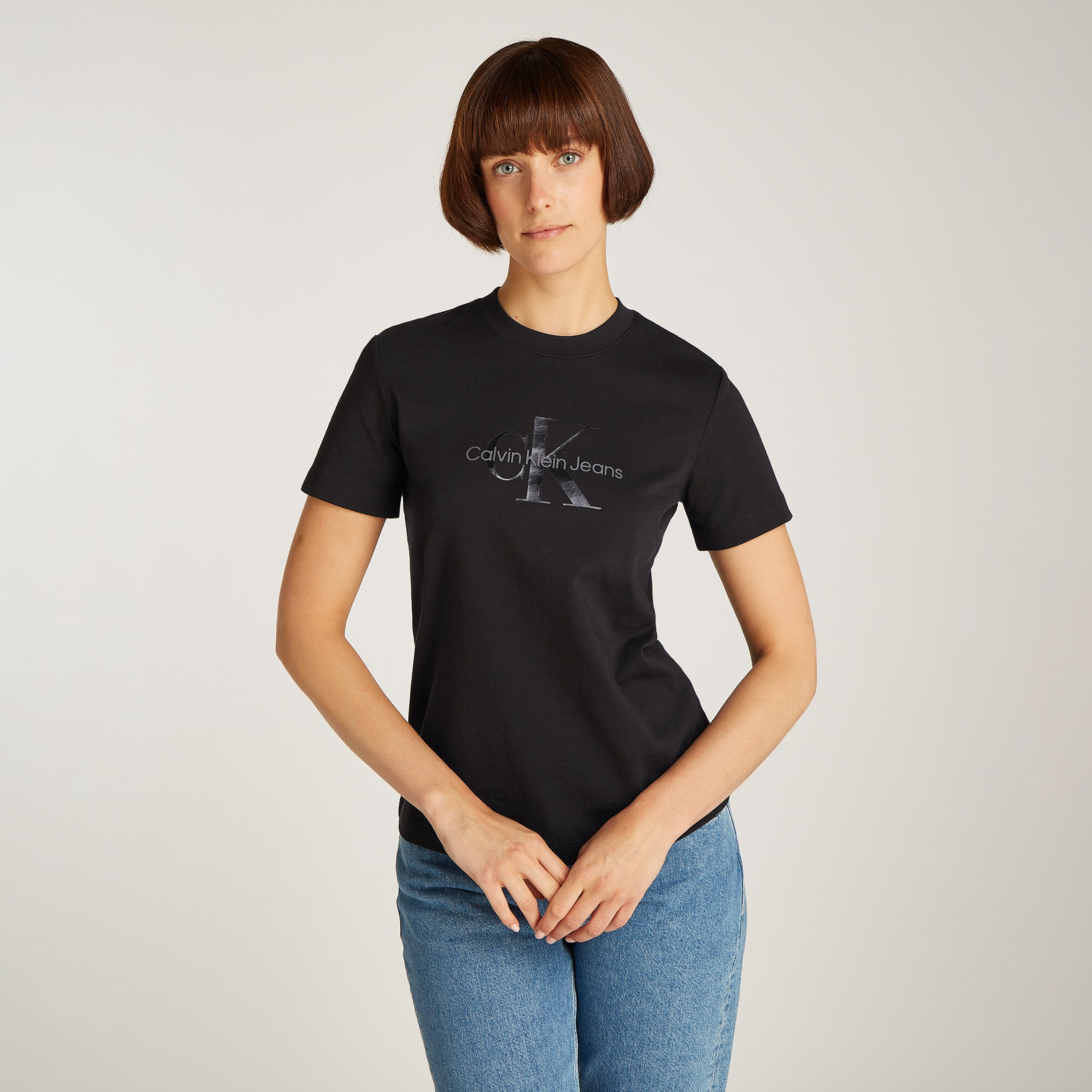 Calvin Klein Glossy Monologo Regular Kadın Siyah T-Shirt