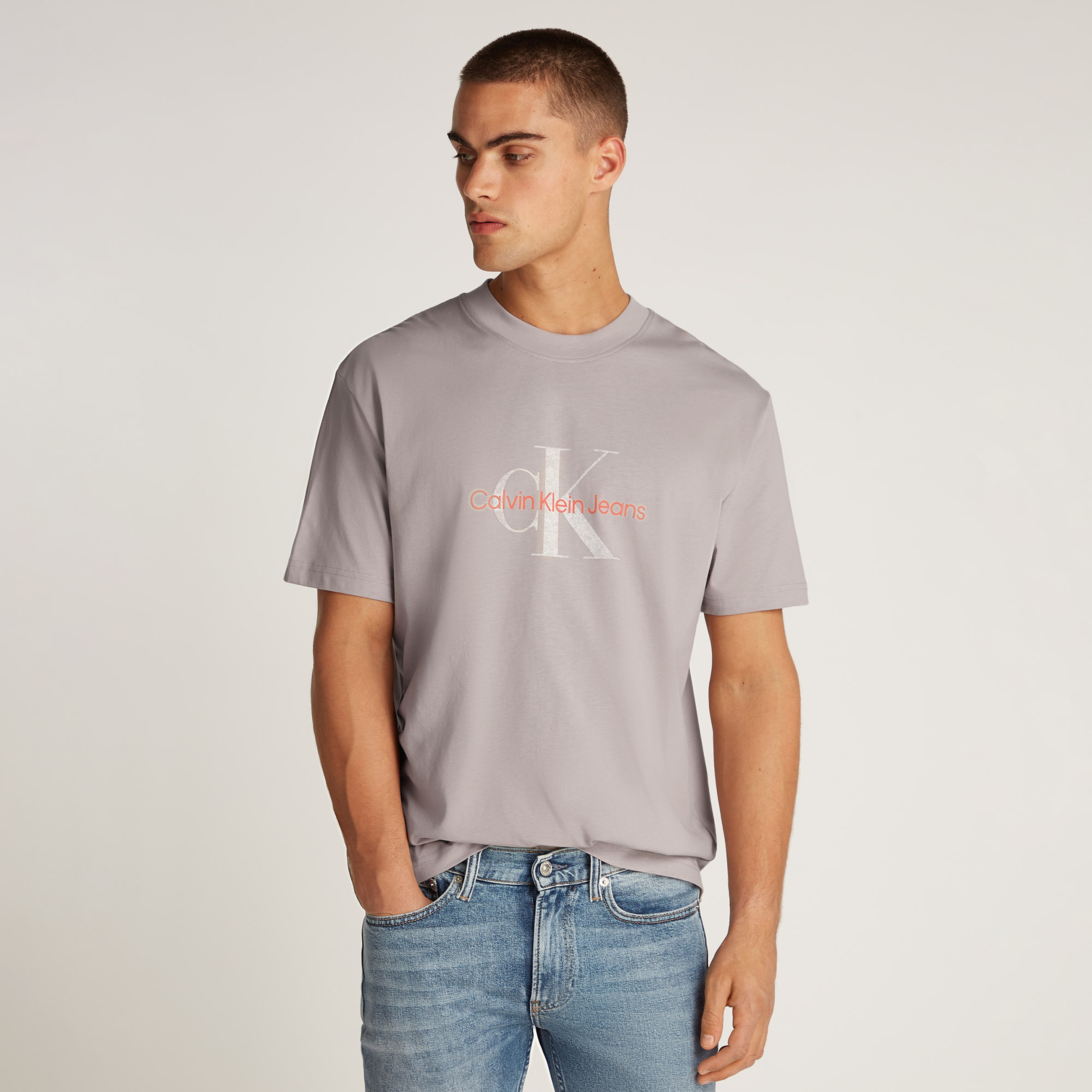 Calvin Klein Textured Monologo Erkek Gri T-Shirt