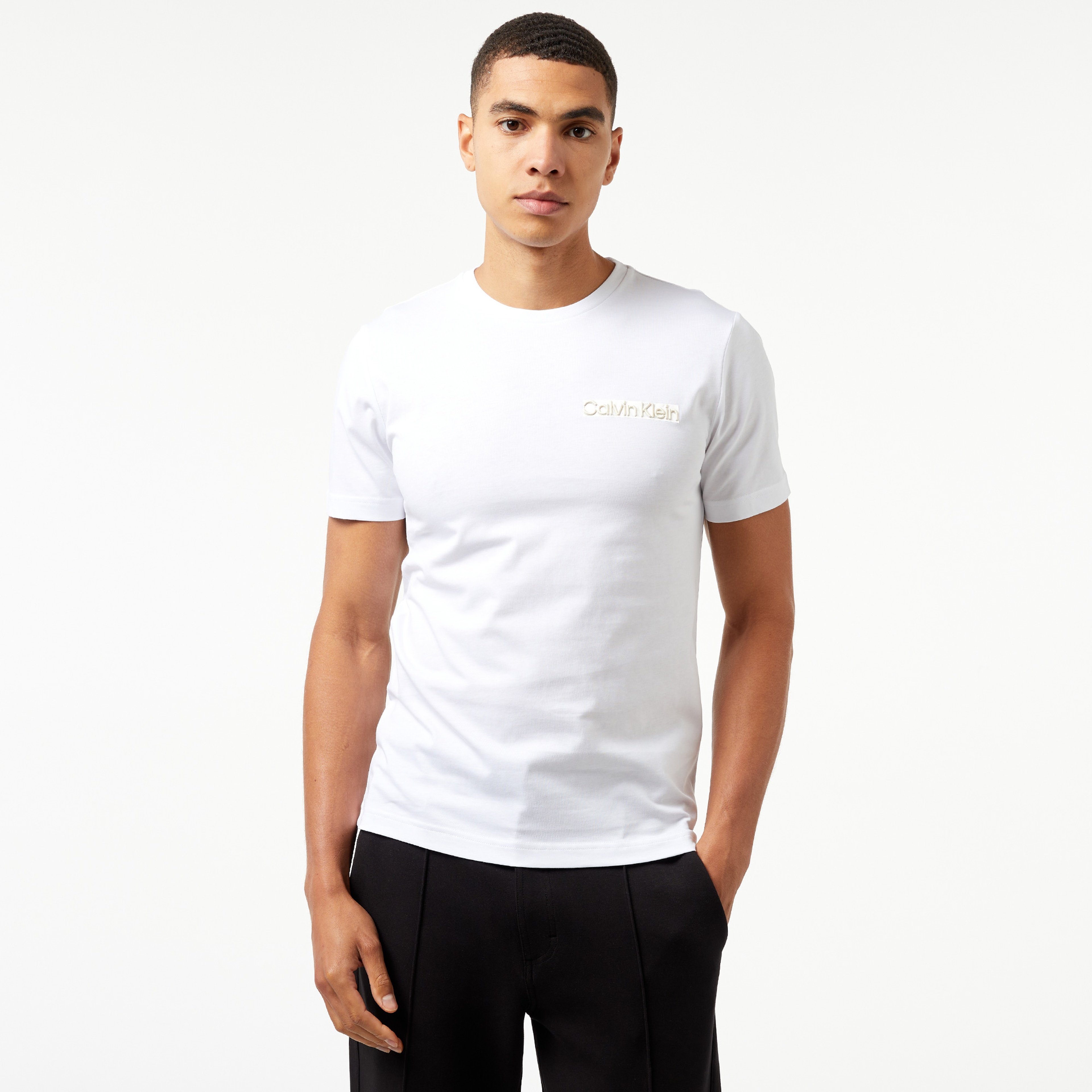 Calvin Klein Elevated Logo Embroıdery Erkek Beyaz T-Shirt