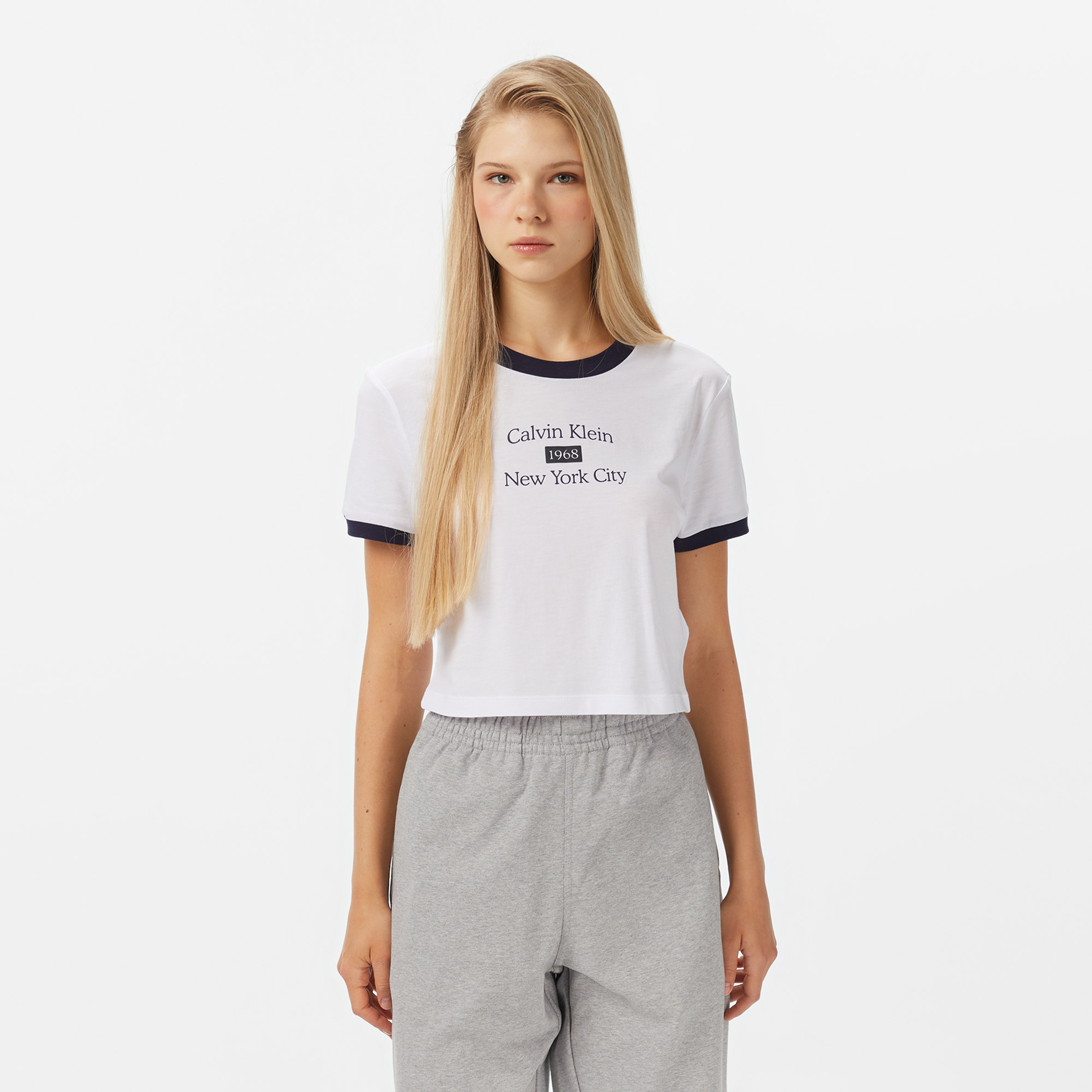 Calvin Klein Drapey Jersey Crop Kadın Beyaz T-Shirt