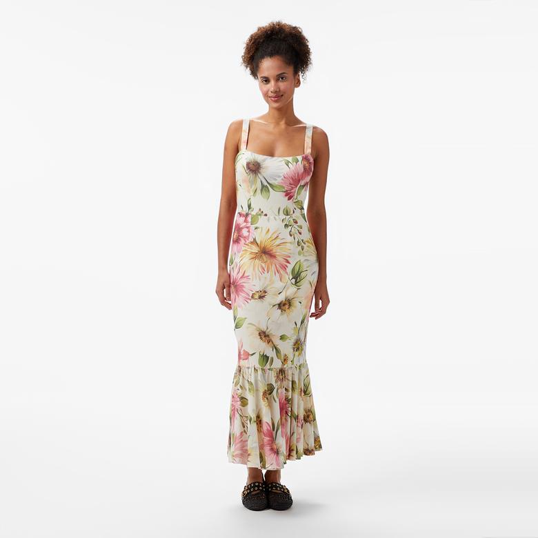 Guess Fleur Straps Midi Dr  Kadın Renkli Elbise