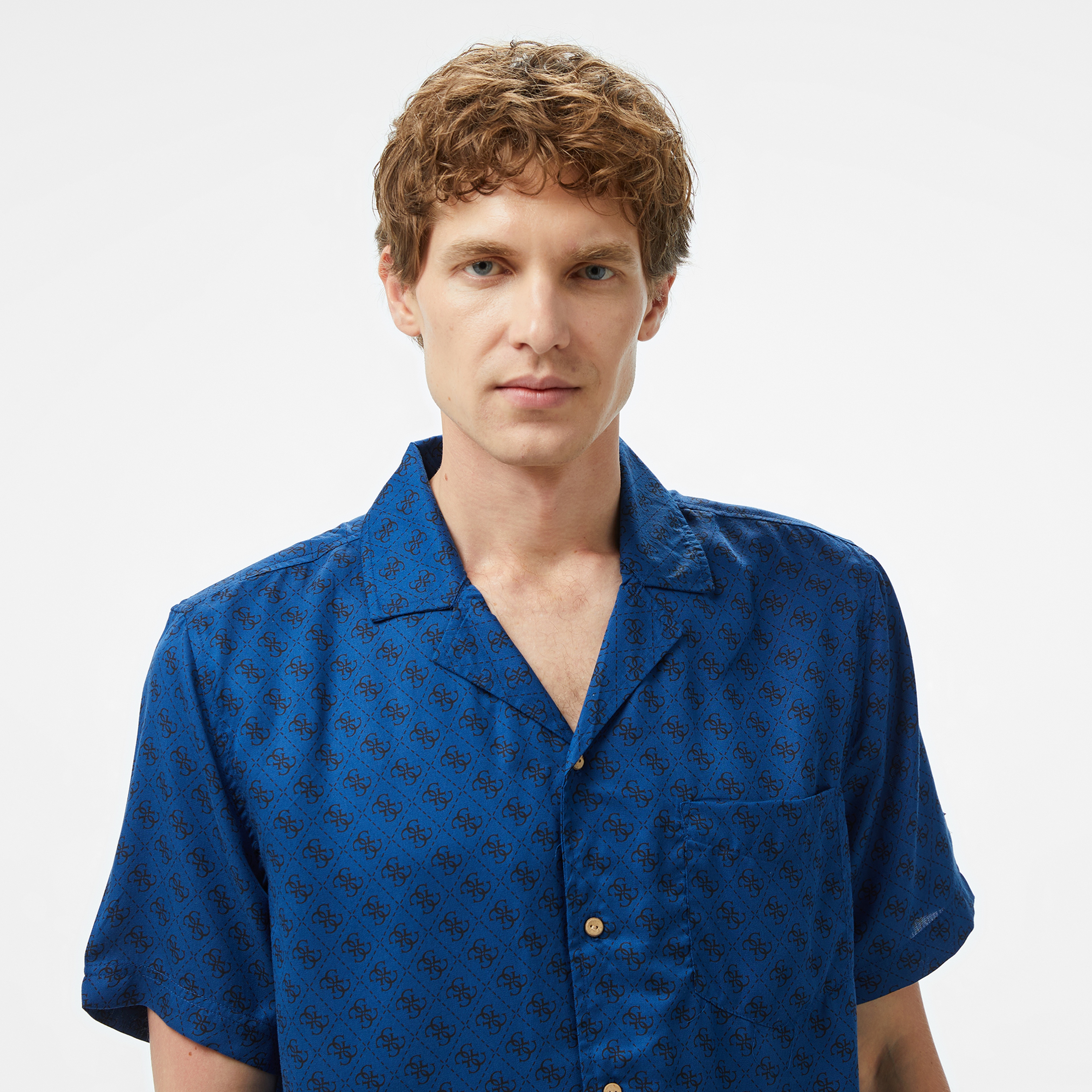 Guess Ss Bowling Aop Shirt Erkek Lacivert Gömlek