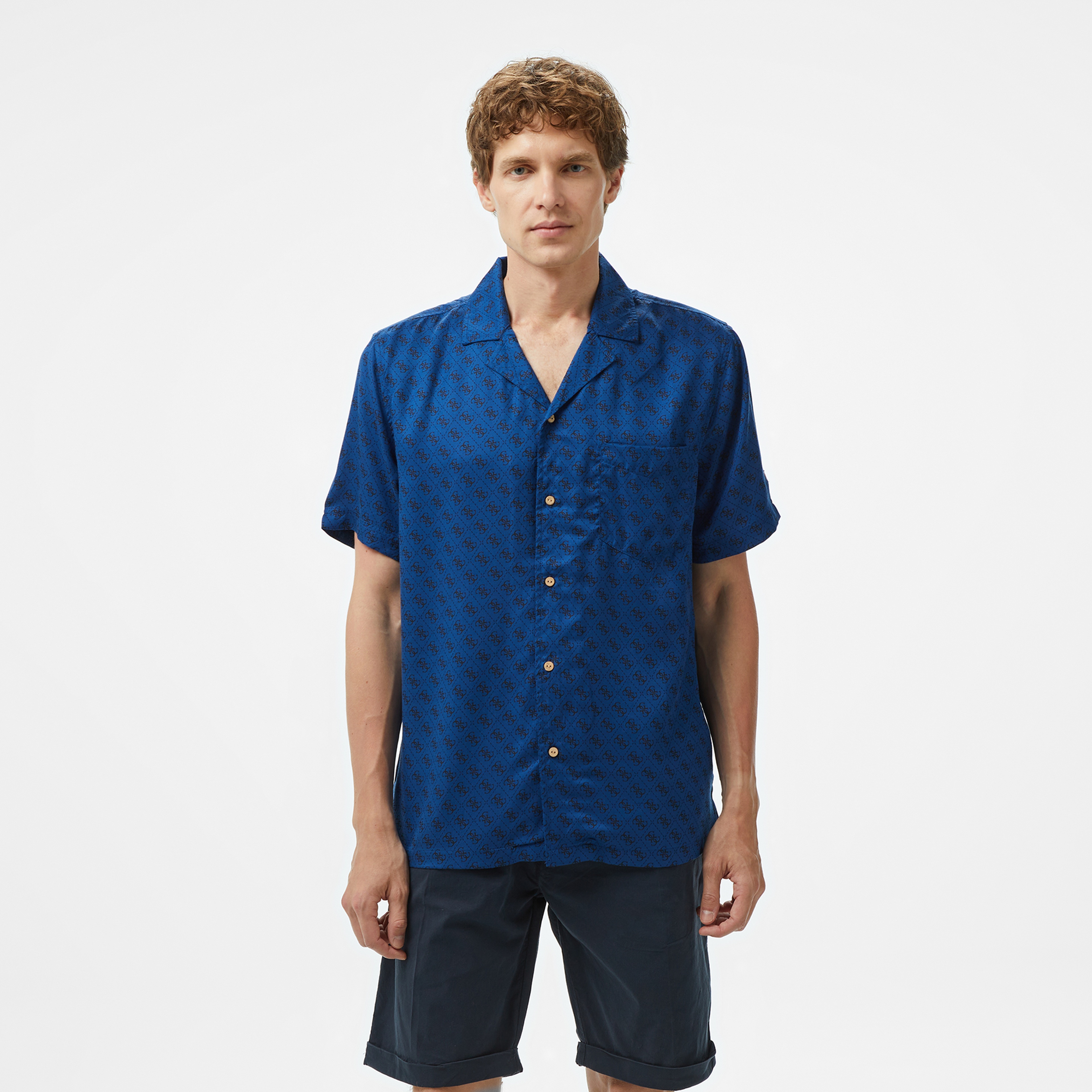 Guess Ss Bowling Aop Shirt Erkek Lacivert Gömlek