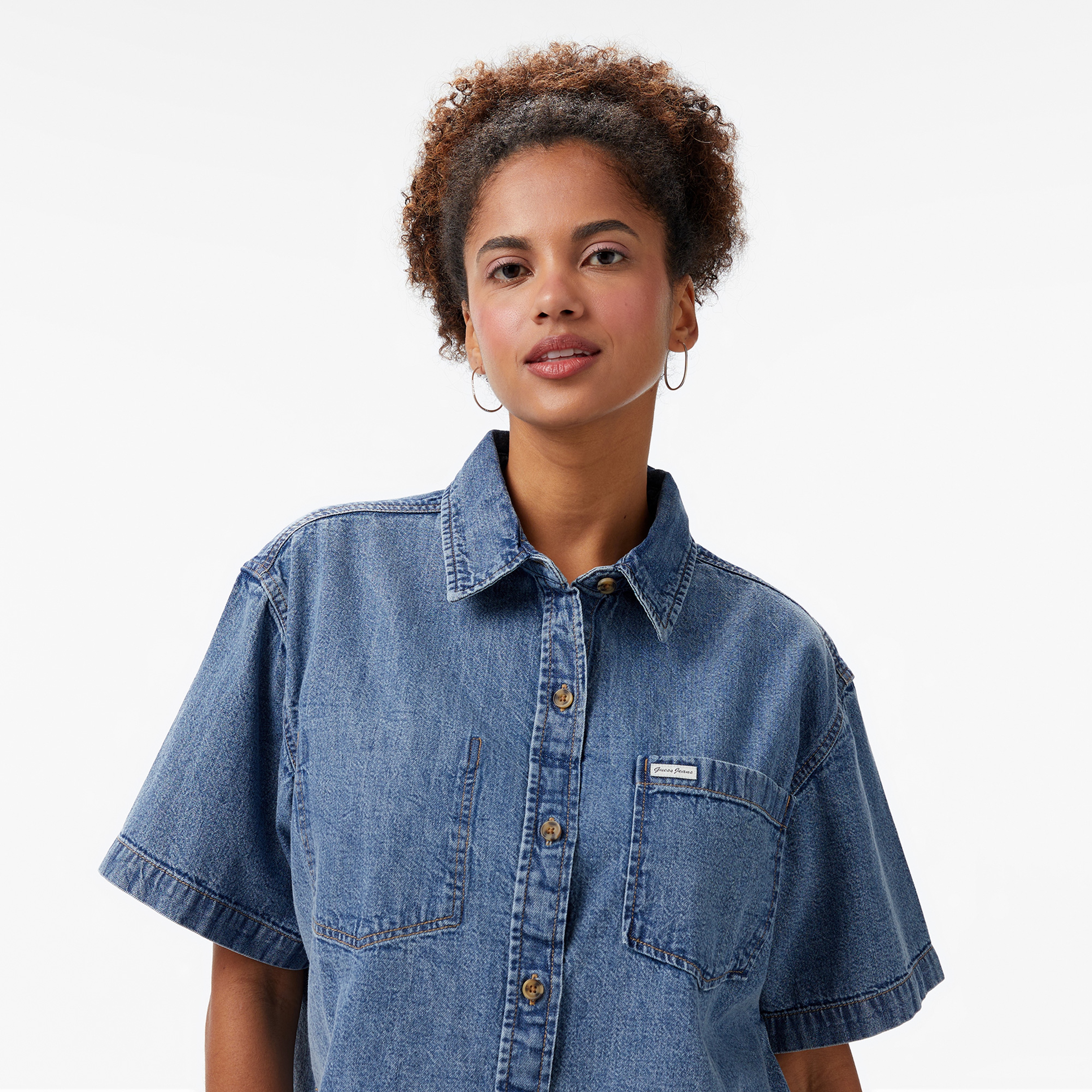 Guess Gj Boxy Ss Shirt  Kadın Mavi Gömlek