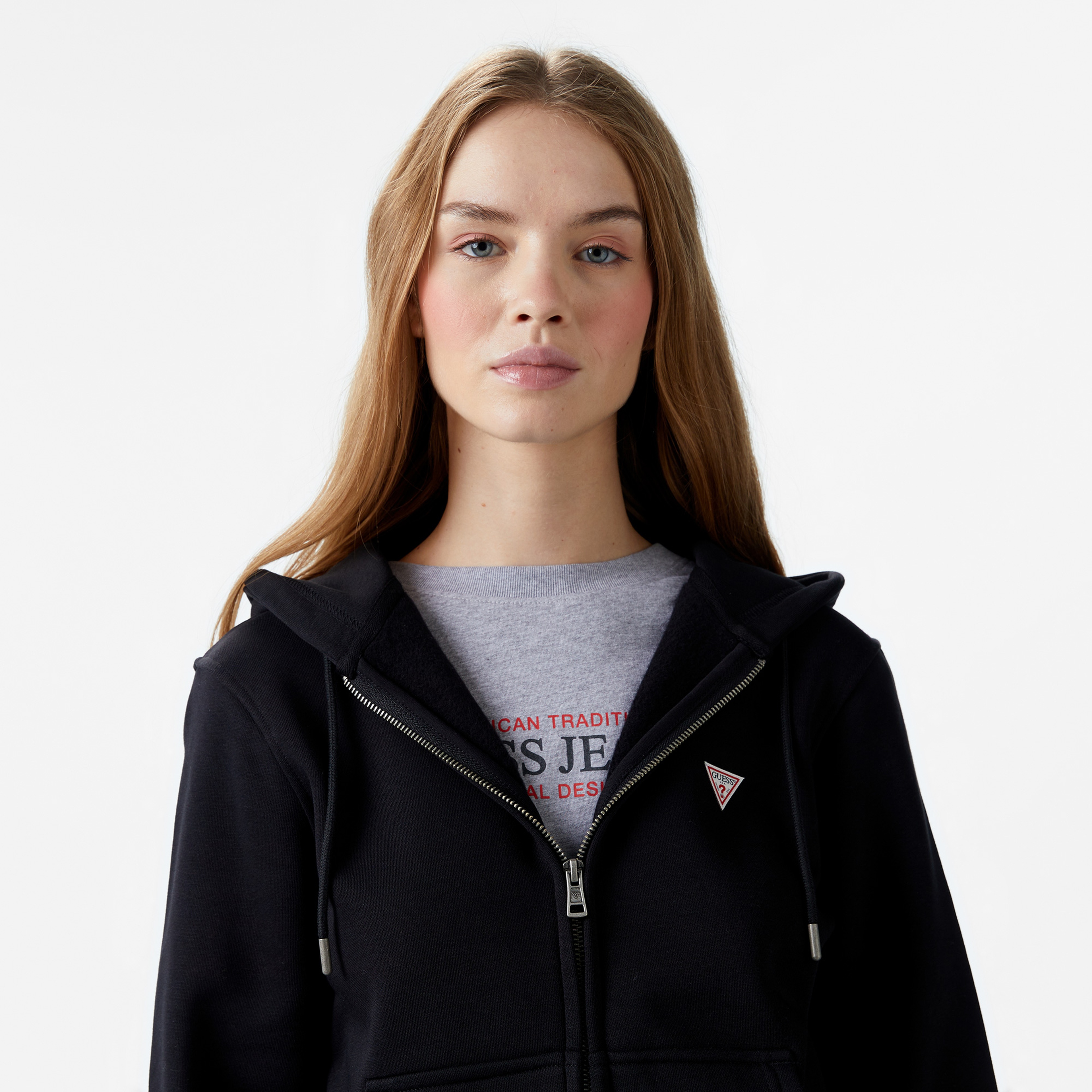 Guess Zip Hood Organic Soft Fleece 350 Kadın Siyah Sweatshirt