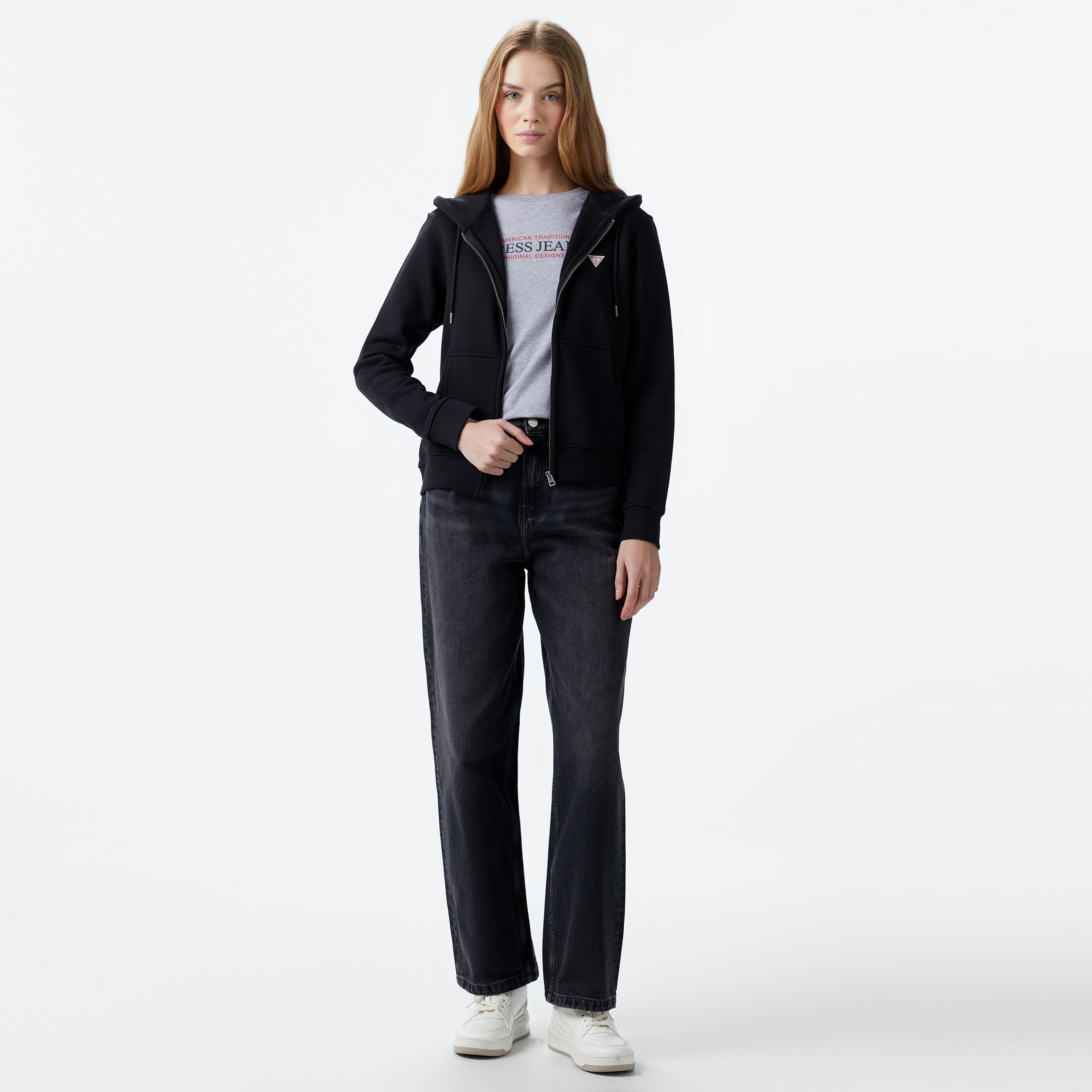 Guess Zip Hood Organic Soft Fleece 350 Kadın Siyah Sweatshirt