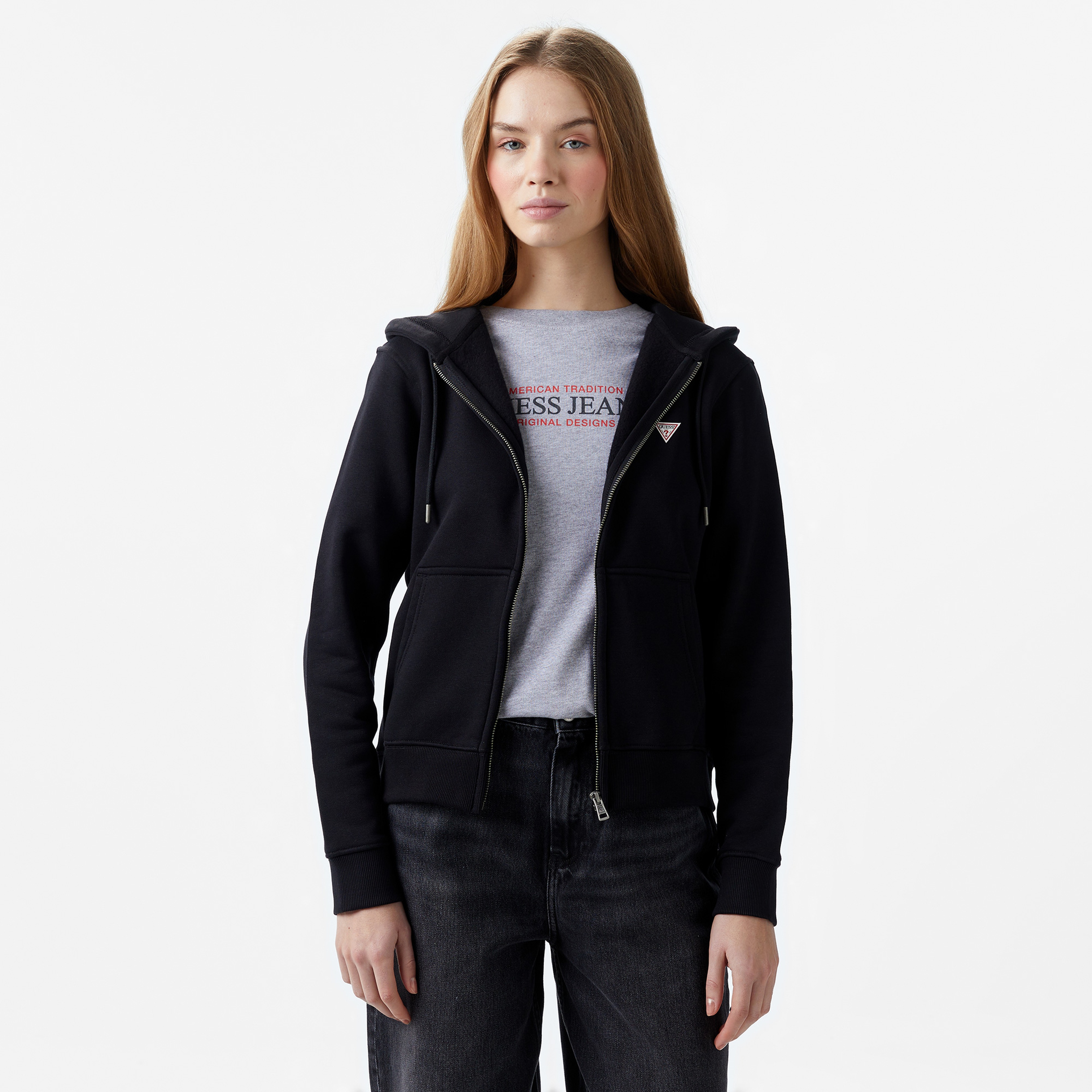 Guess Zip Hood Organic Soft Fleece 350 Kadın Siyah Sweatshirt