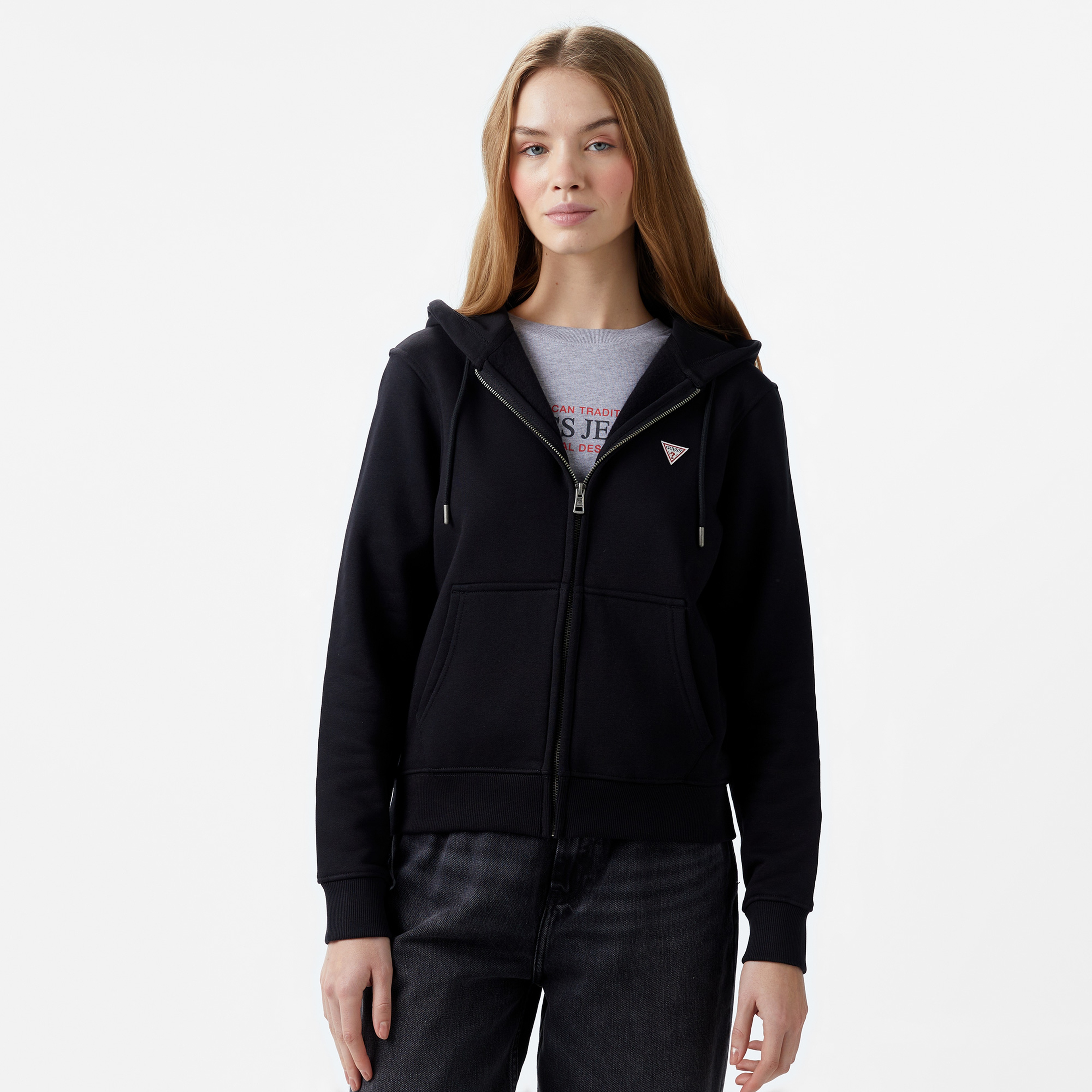 Guess Zip Hood Organic Soft Fleece 350 Kadın Siyah Sweatshirt