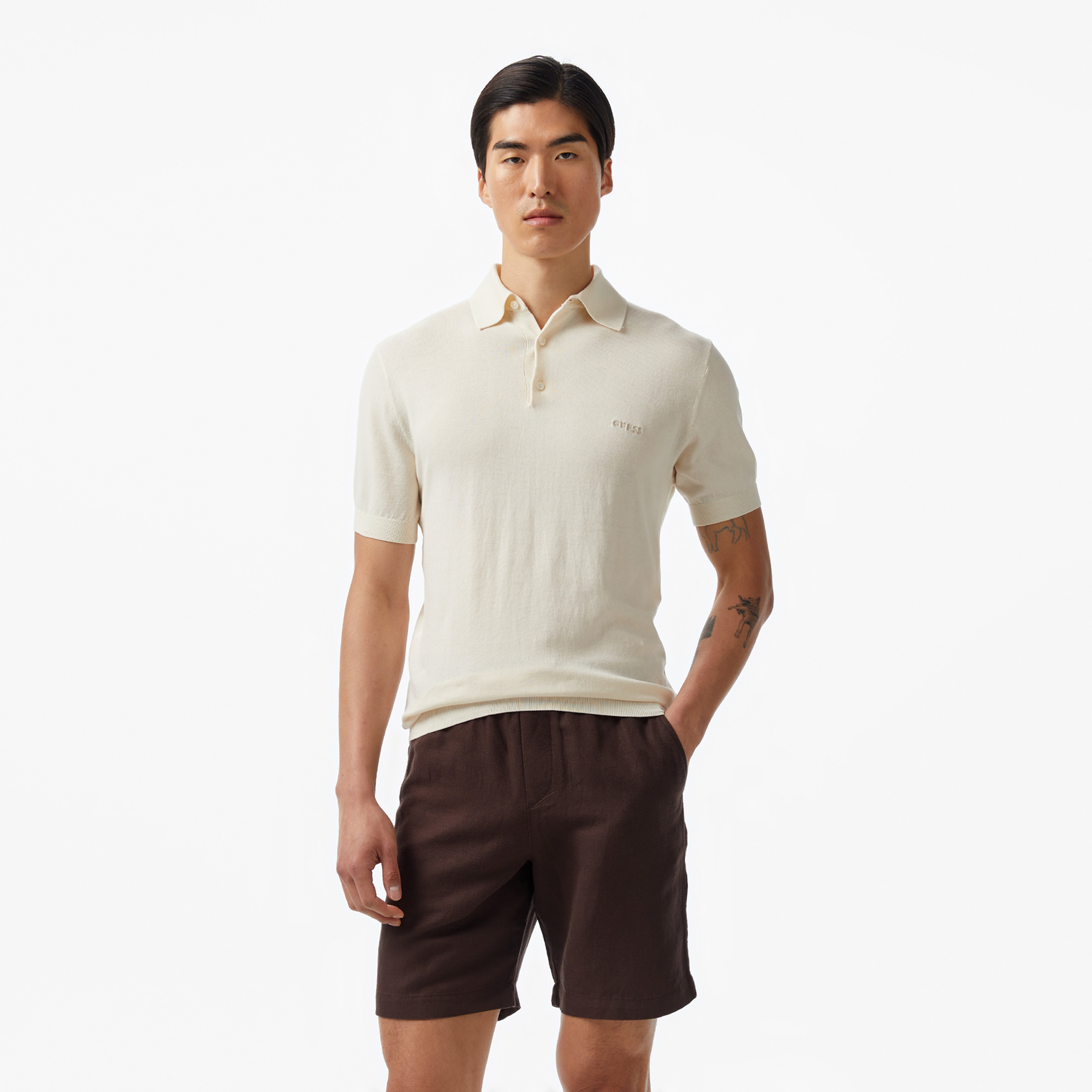 Guess Cree Washed Organic Silk Yarn Erkek Beyaz Triko