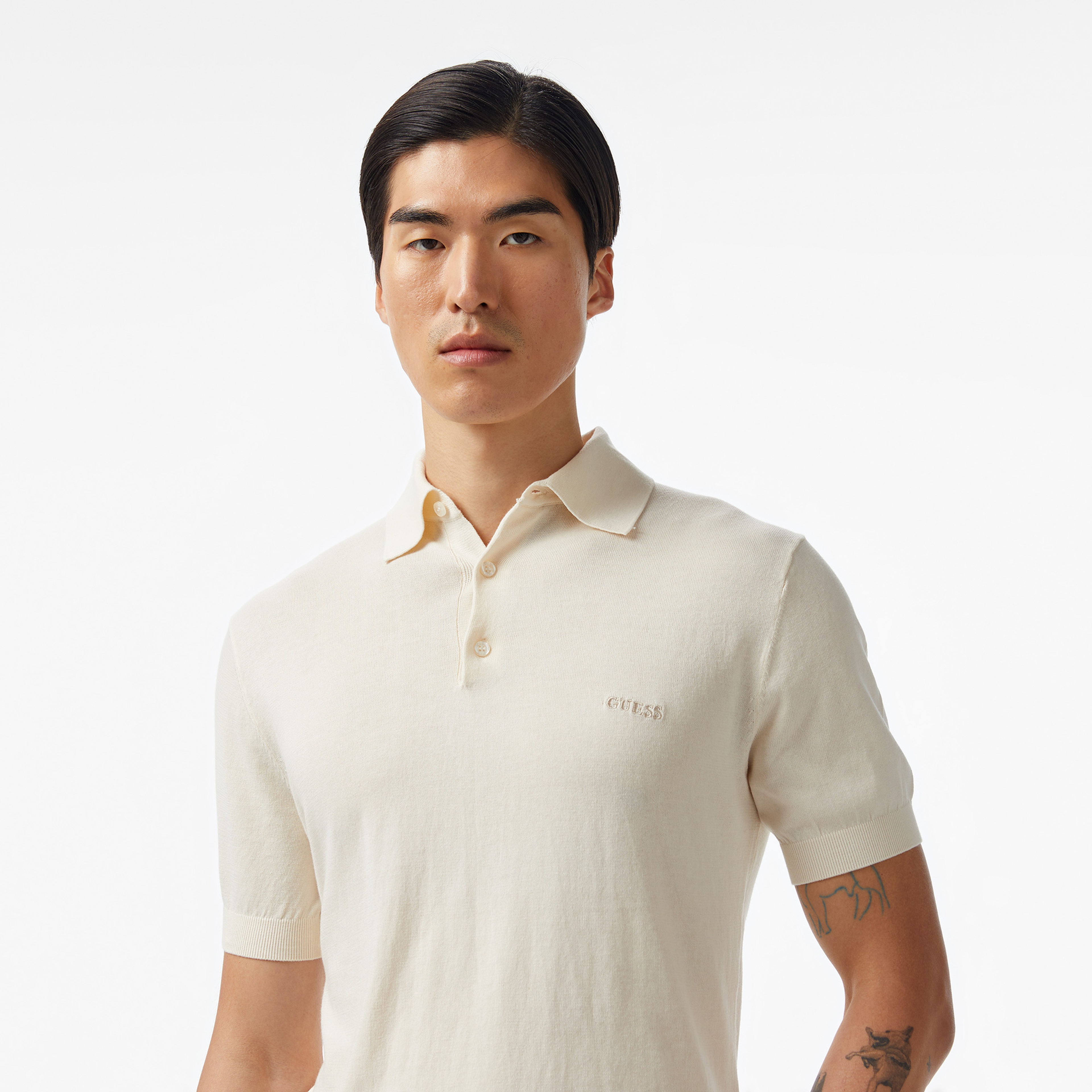 Guess Cree Washed Organic Silk Yarn Erkek Beyaz Triko