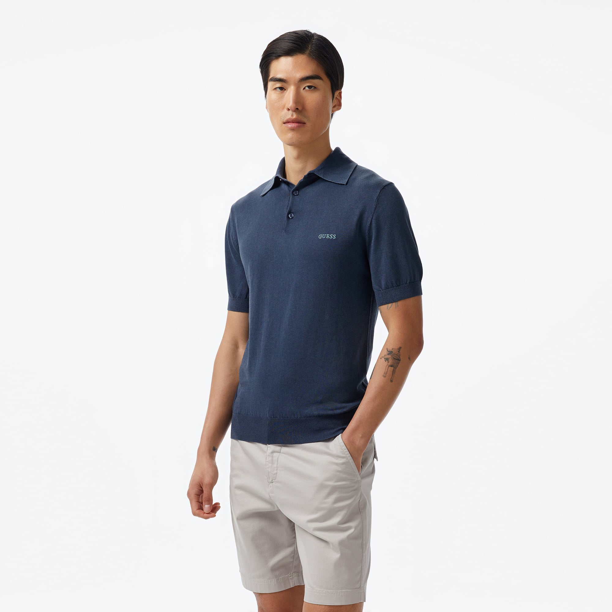 Guess Cree Washed Organic Silk Yarn Erkek Lacivert Triko