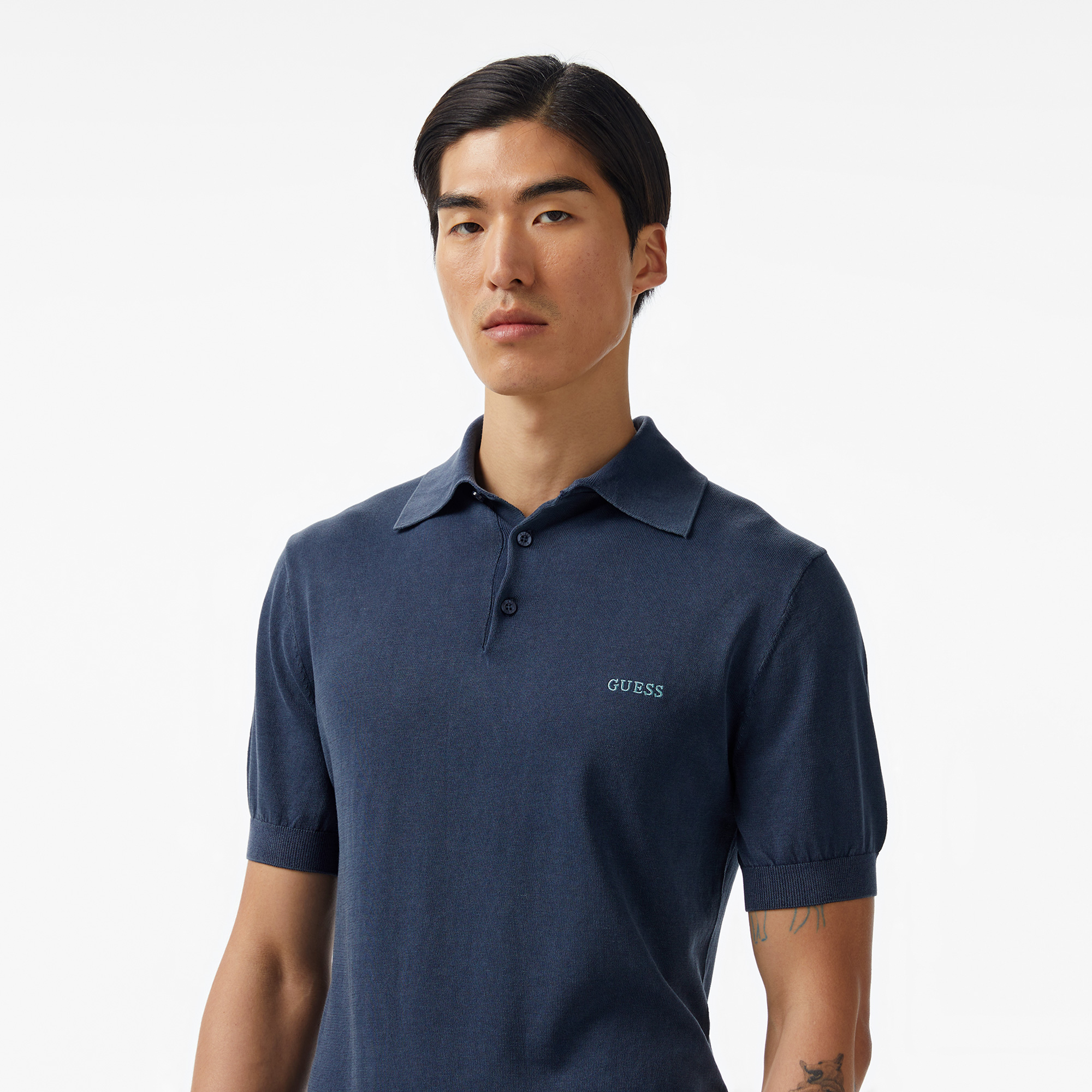 Guess Cree Washed Organic Silk Yarn Erkek Lacivert Triko