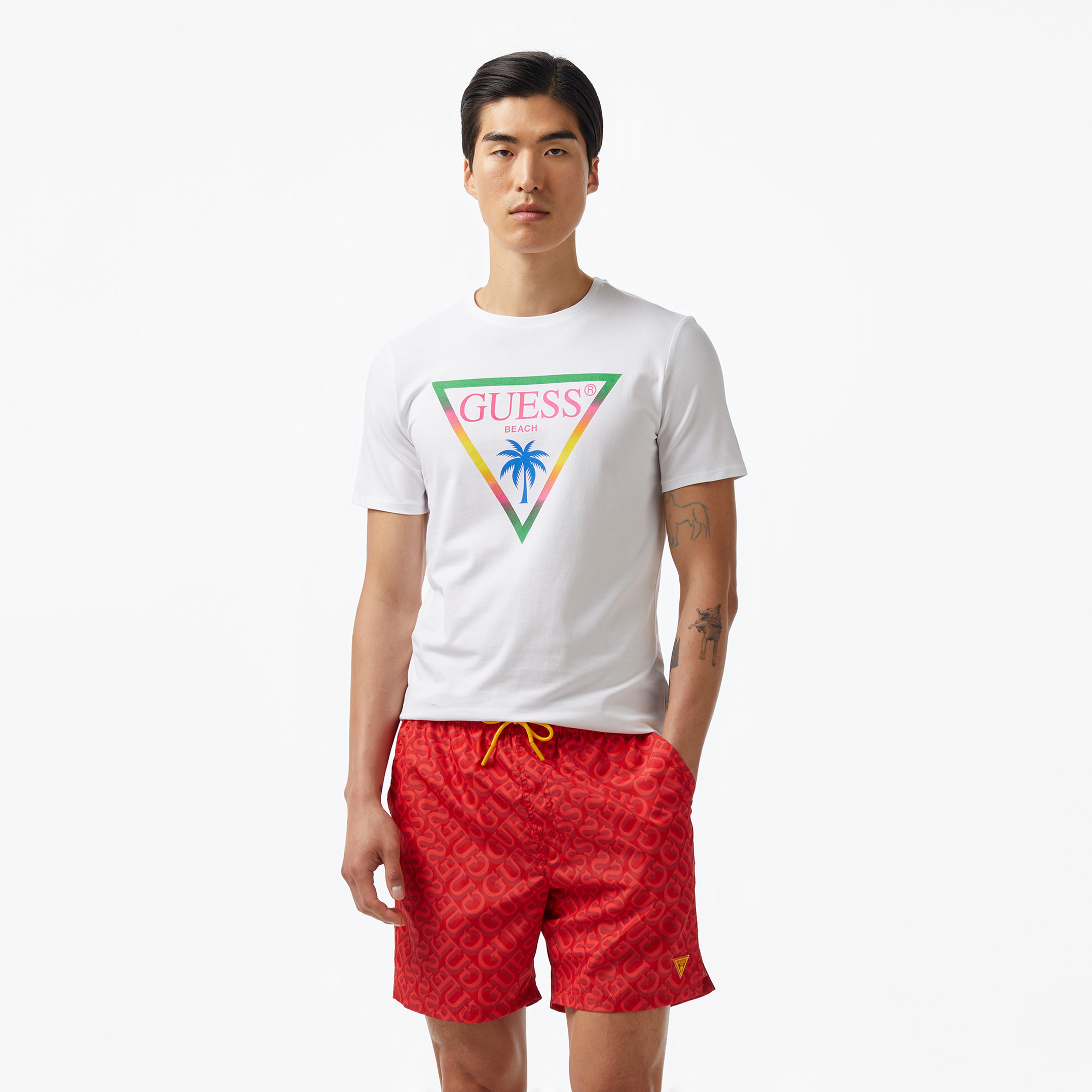 Guess Triangle Palm Mid Organic Stretch 180 Erkek Beyaz T-Shirt