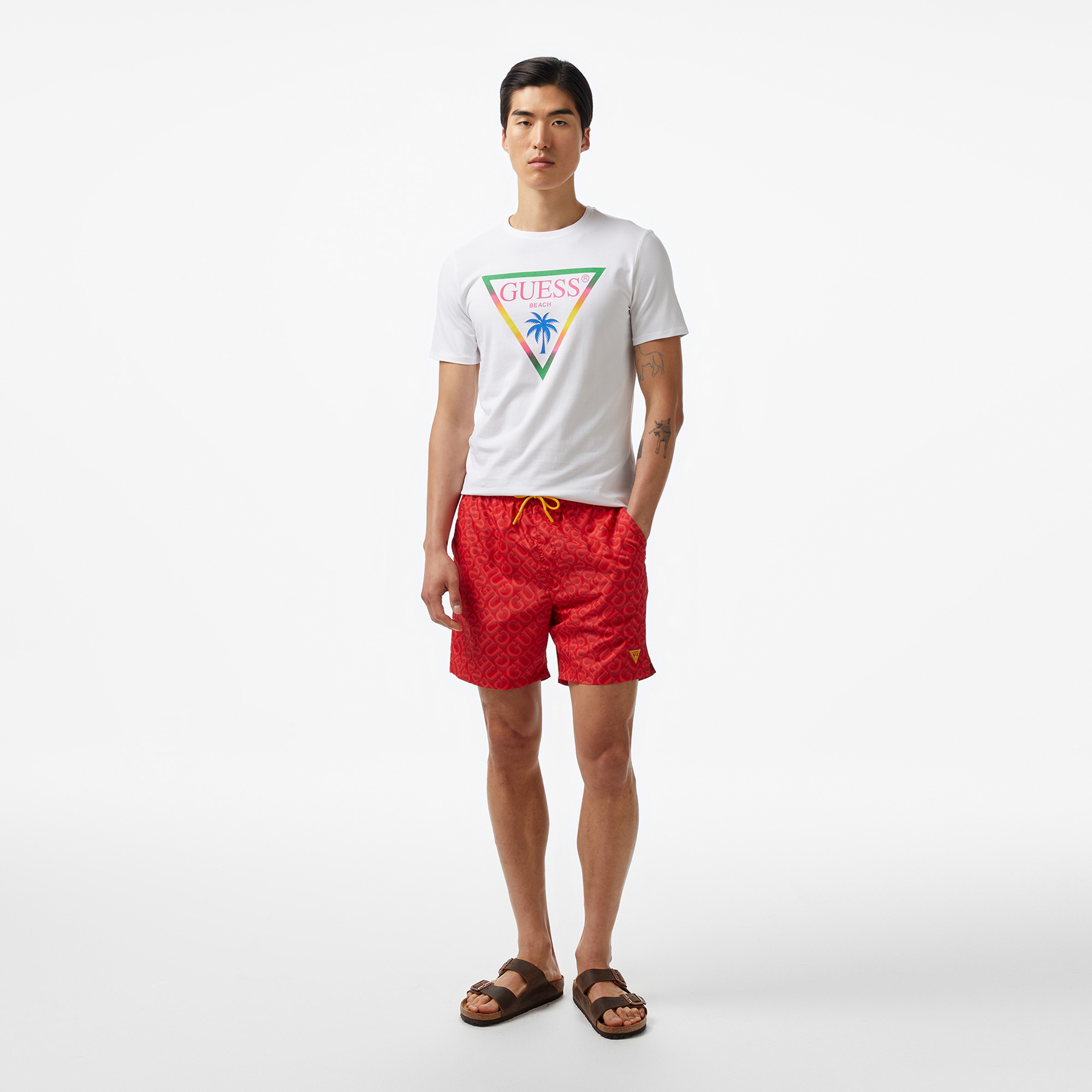 Guess Triangle Palm Mid Organic Stretch 180 Erkek Beyaz T-Shirt