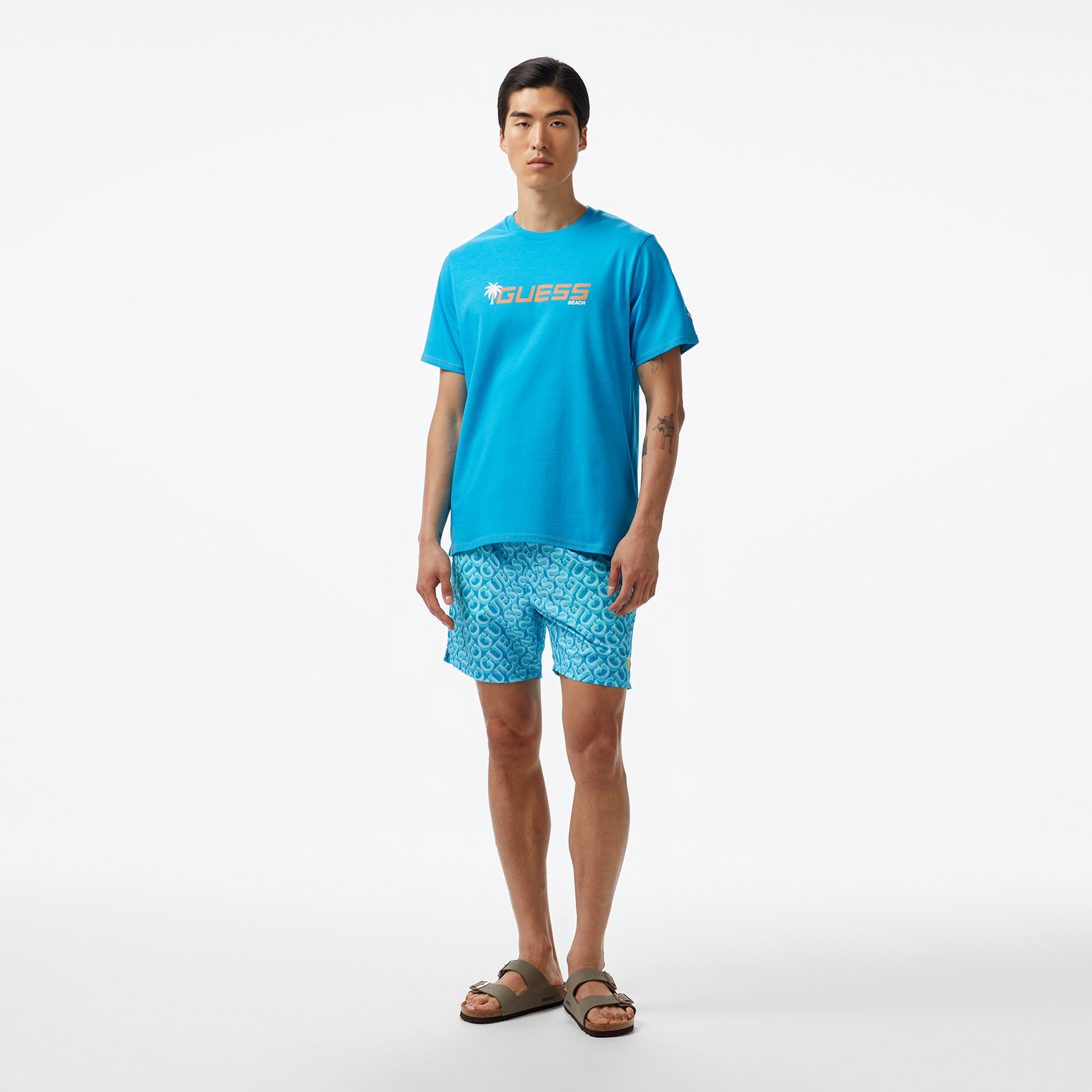 Guess Cn Palm Logo Mid Organiceam 180 Erkek Mavi T-Shirt