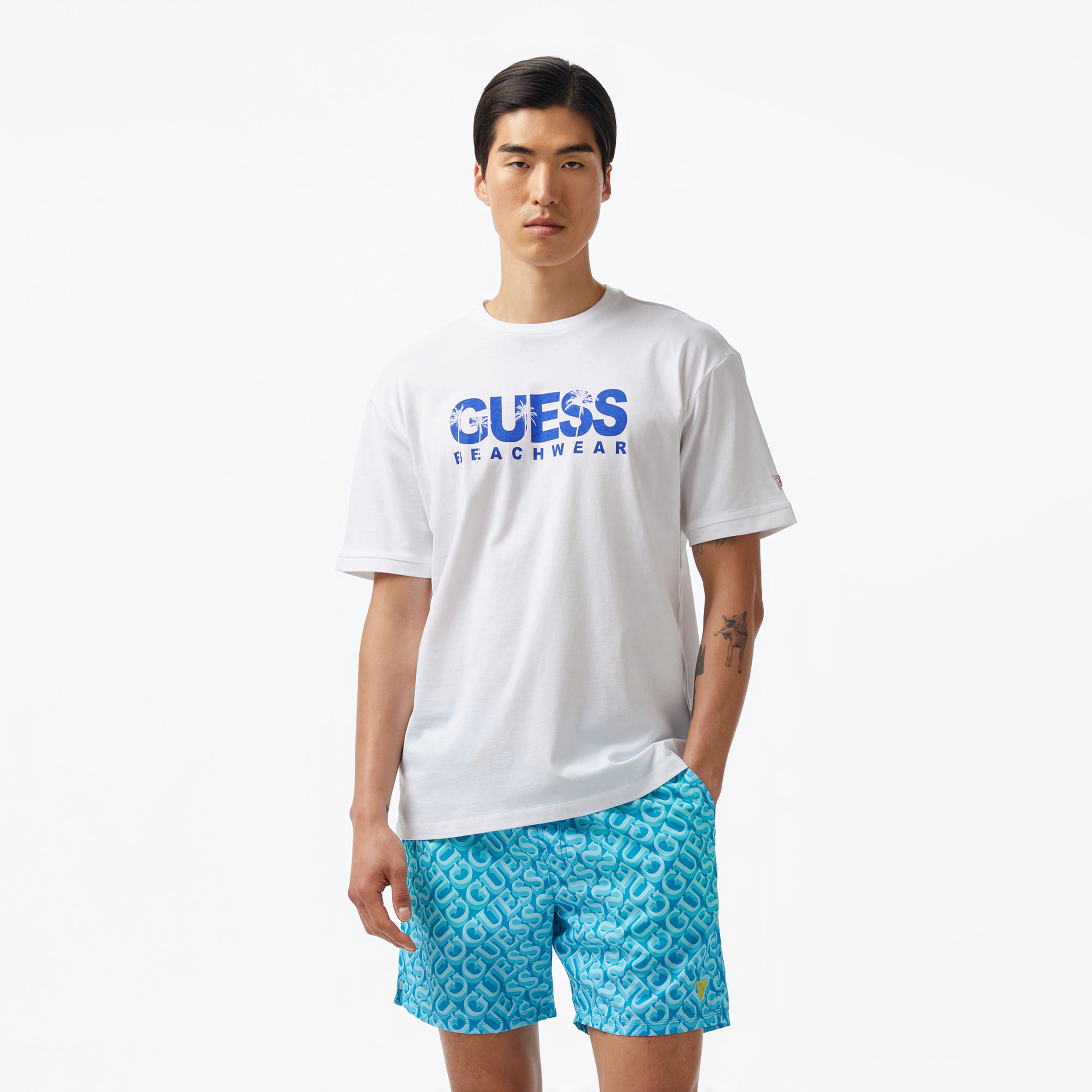 Guess Logo Mid Organic Stream 180 Erkek Beyaz T-Shirt