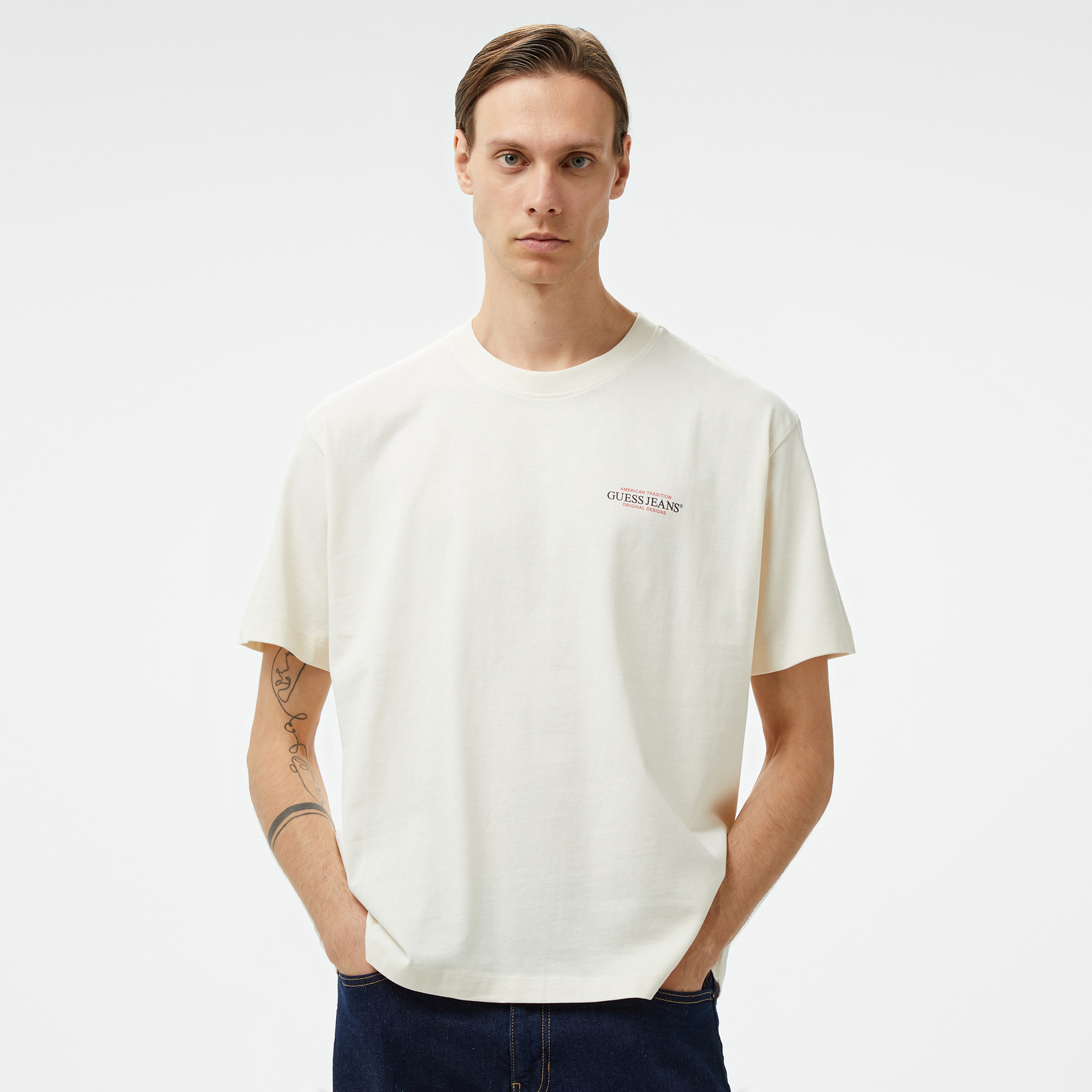 Guess American Mid Organic Heavy Jersey 205 Erkek Krem Rengi T-Shirt