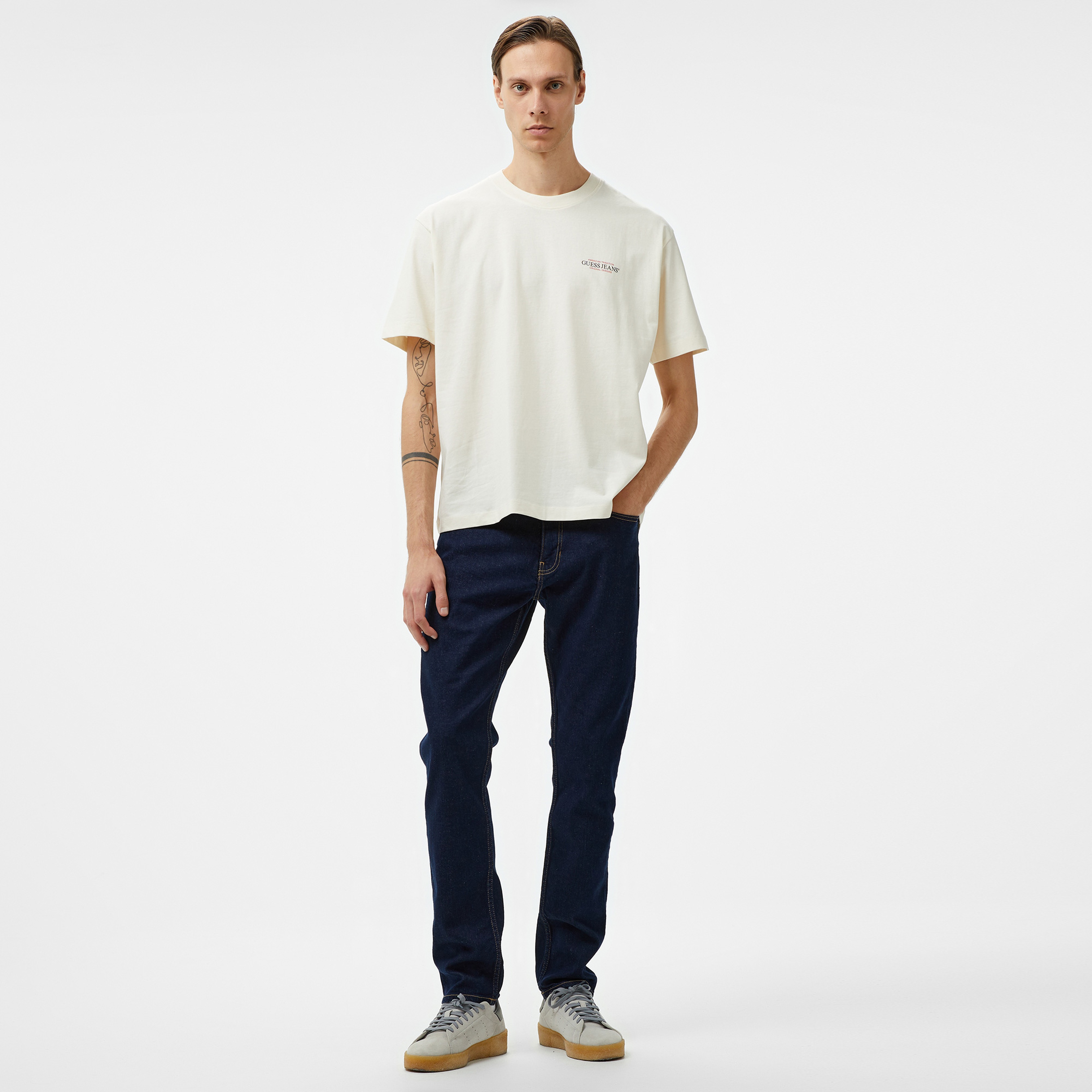 Guess American Mid Organic Heavy Jersey 205 Erkek Krem Rengi T-Shirt