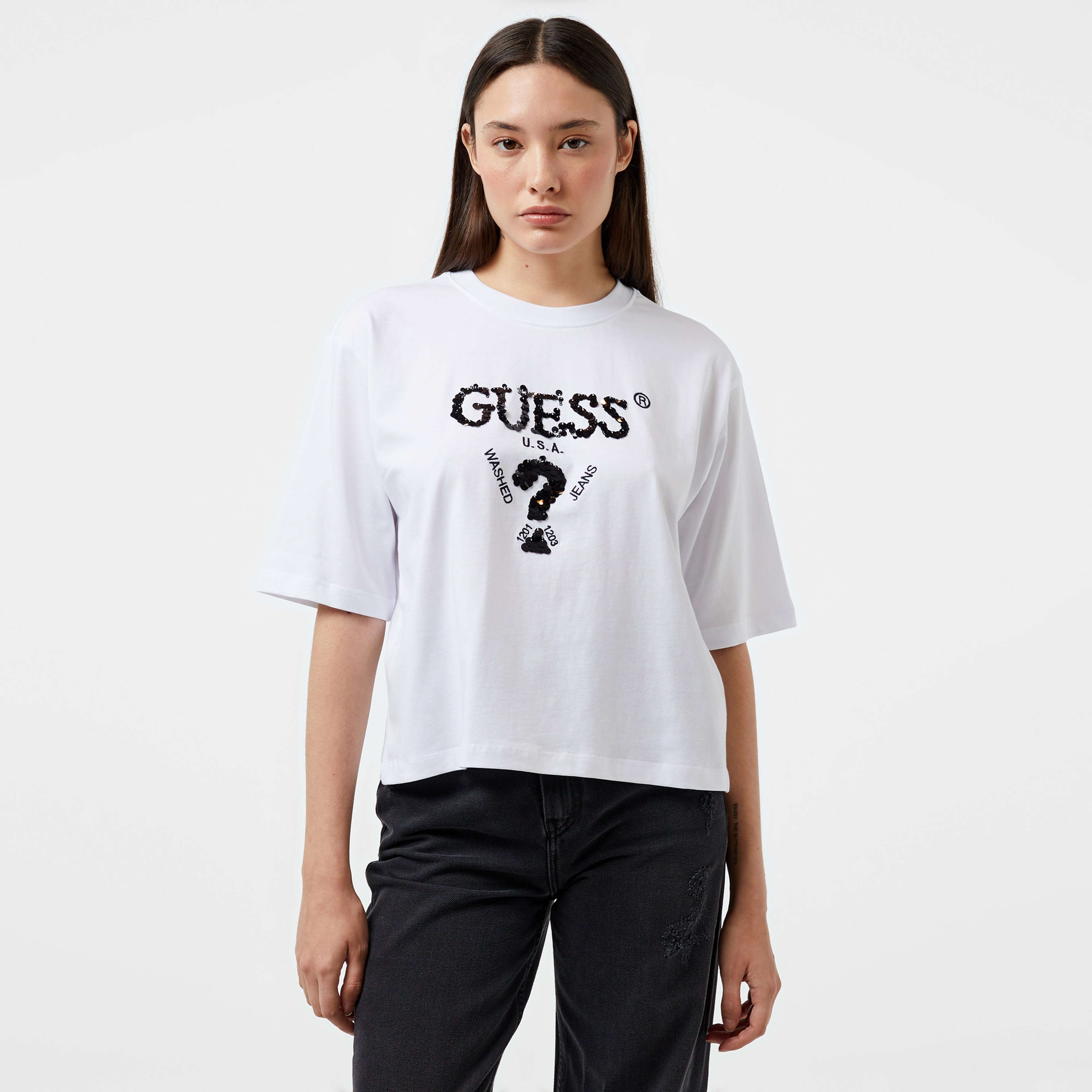 Guess Aurelie Boxy Mid Organic Stream Jersey 180 Kadın Beyaz T-Shirt
