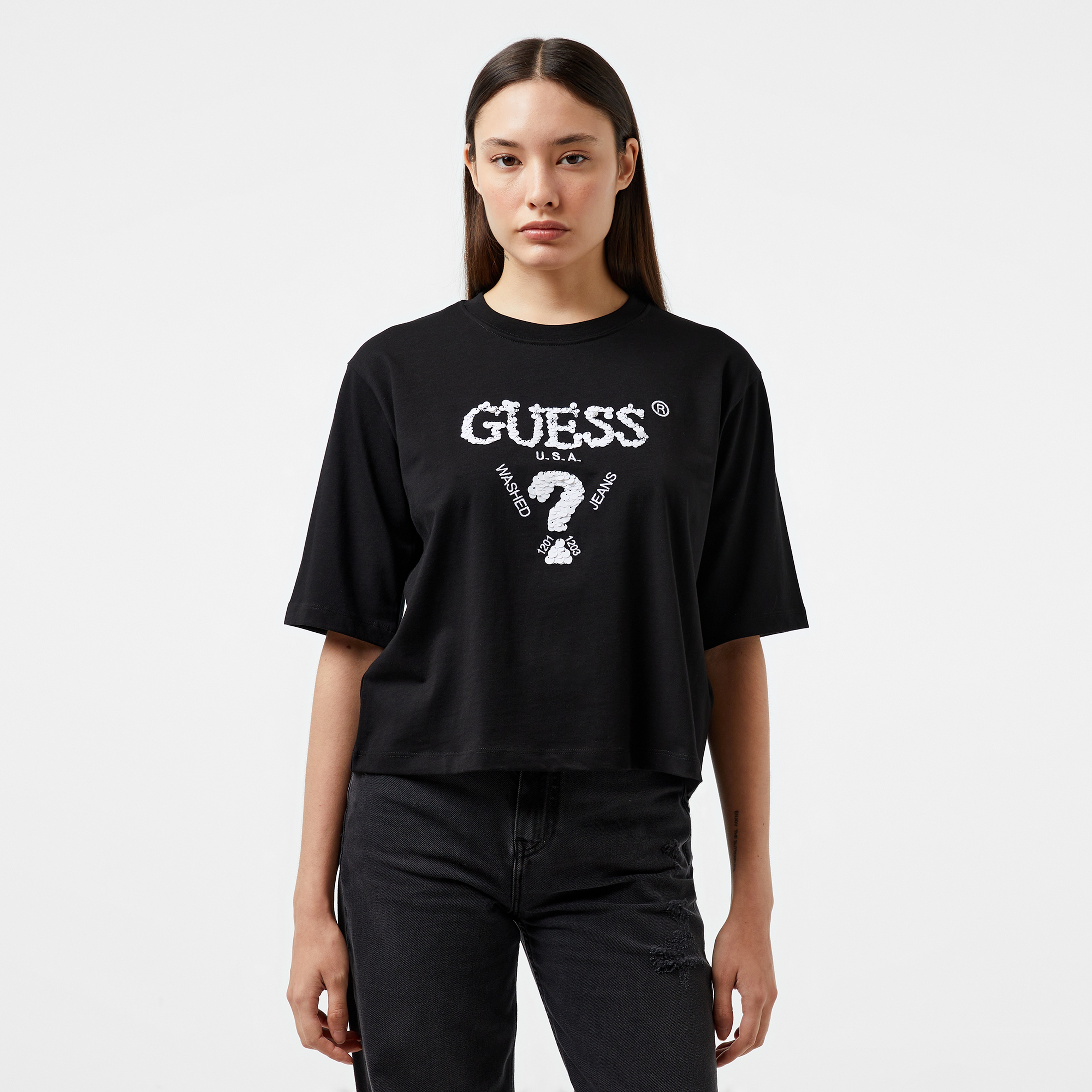 Guess Aurelie Boxy Mid Organic Stream Jersey 180 Kadın Siyah T-Shirt