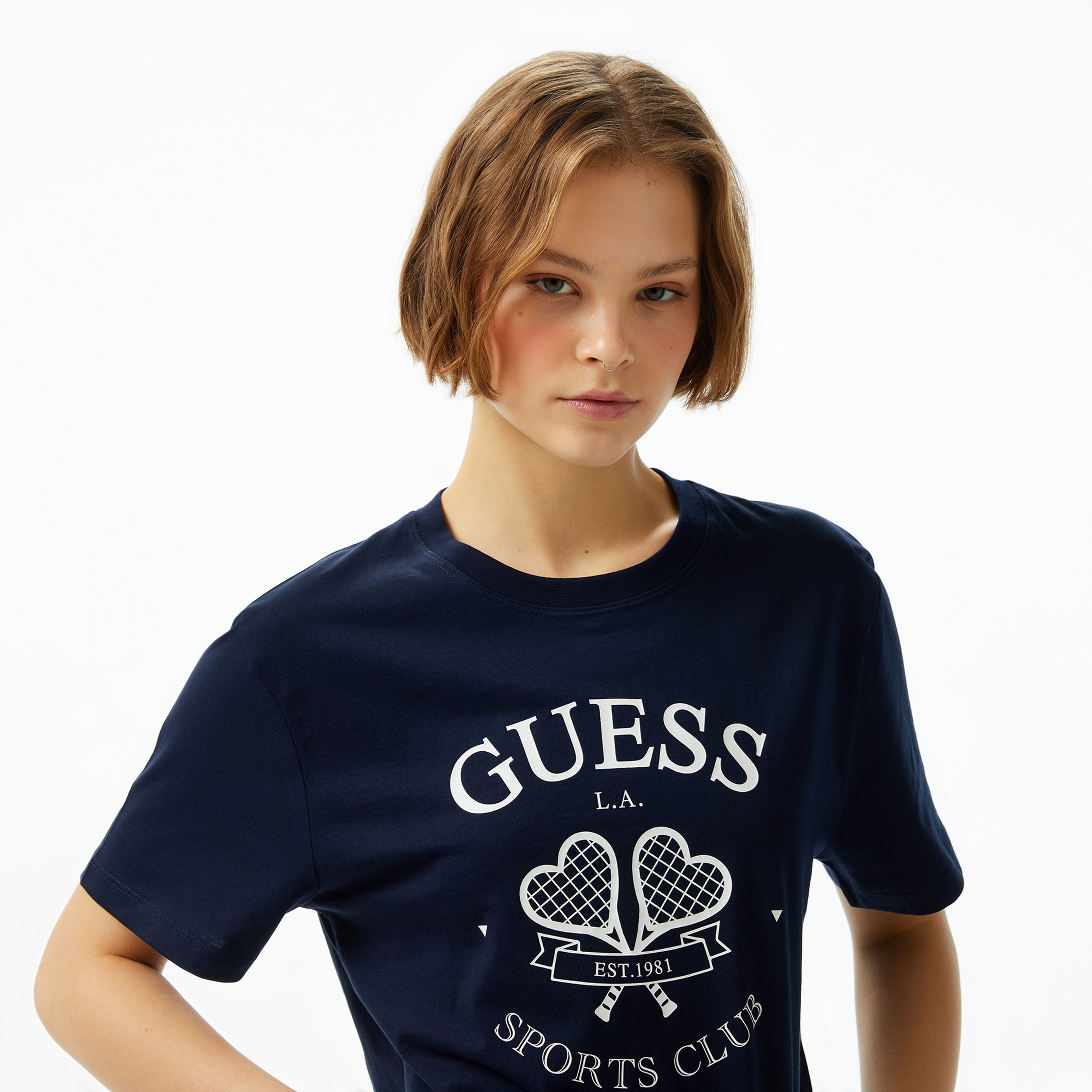 Guess Boxy Mid Organic Stream 180 Kadın Lacivert T-Shirt