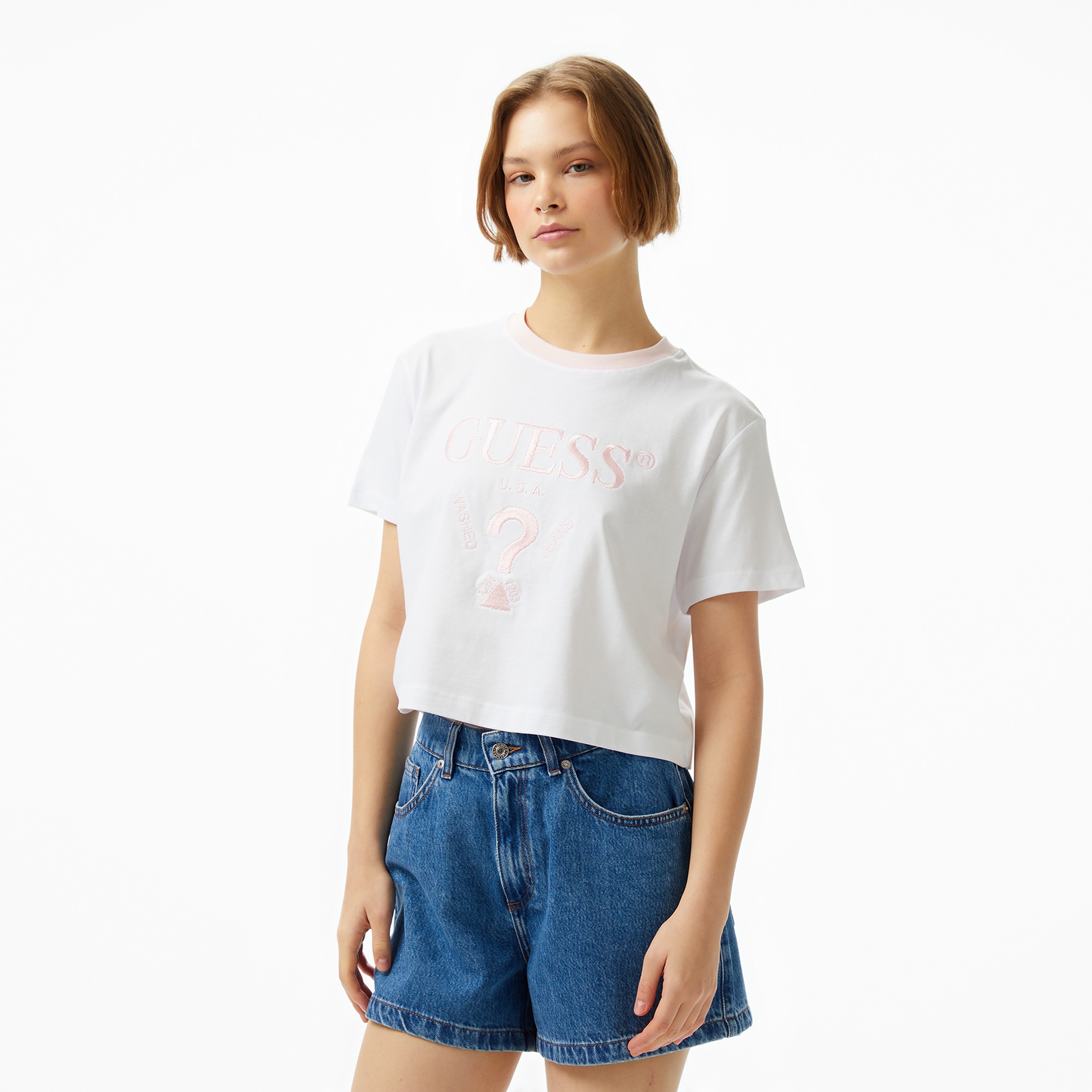 Guess Filanta Crop Mid Organic Stream 180 Kadın Beyaz T-Shirt