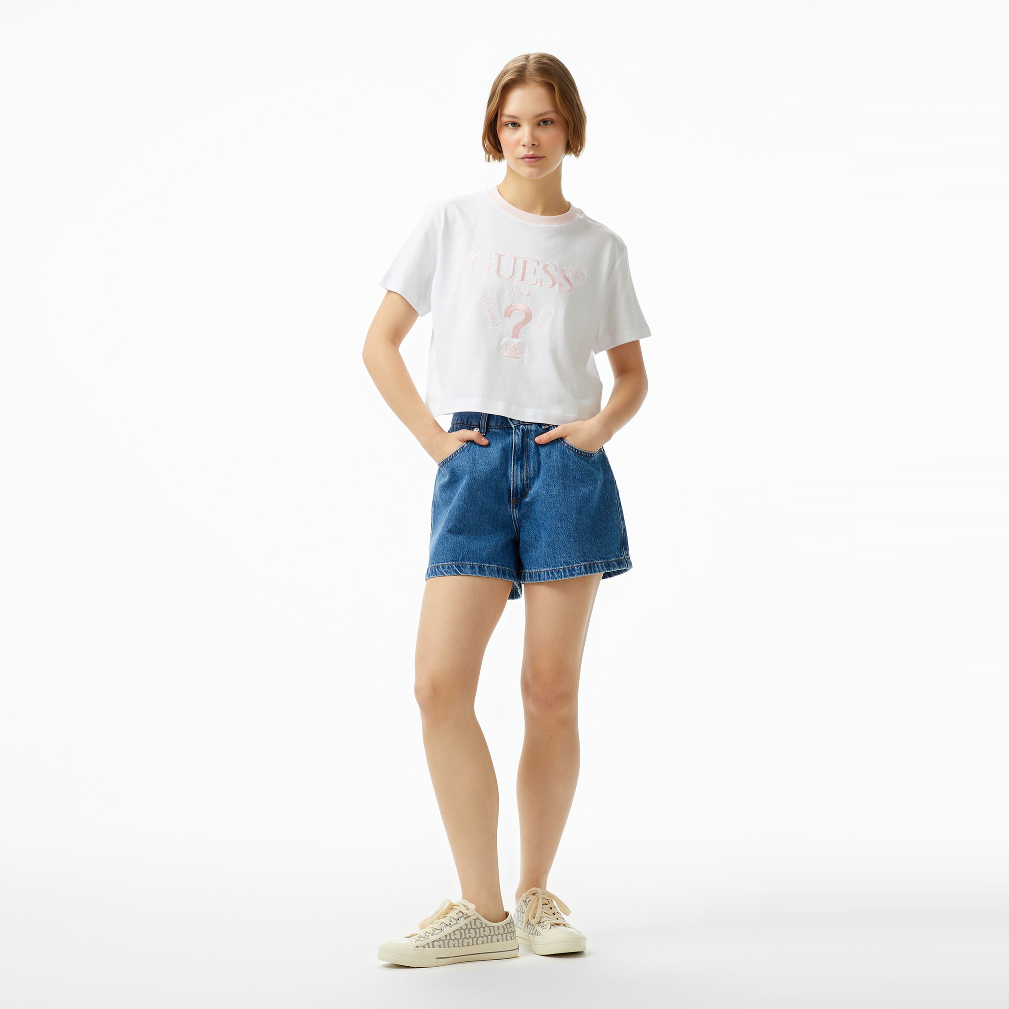 Guess Filanta Crop Mid Organic Stream 180 Kadın Beyaz T-Shirt