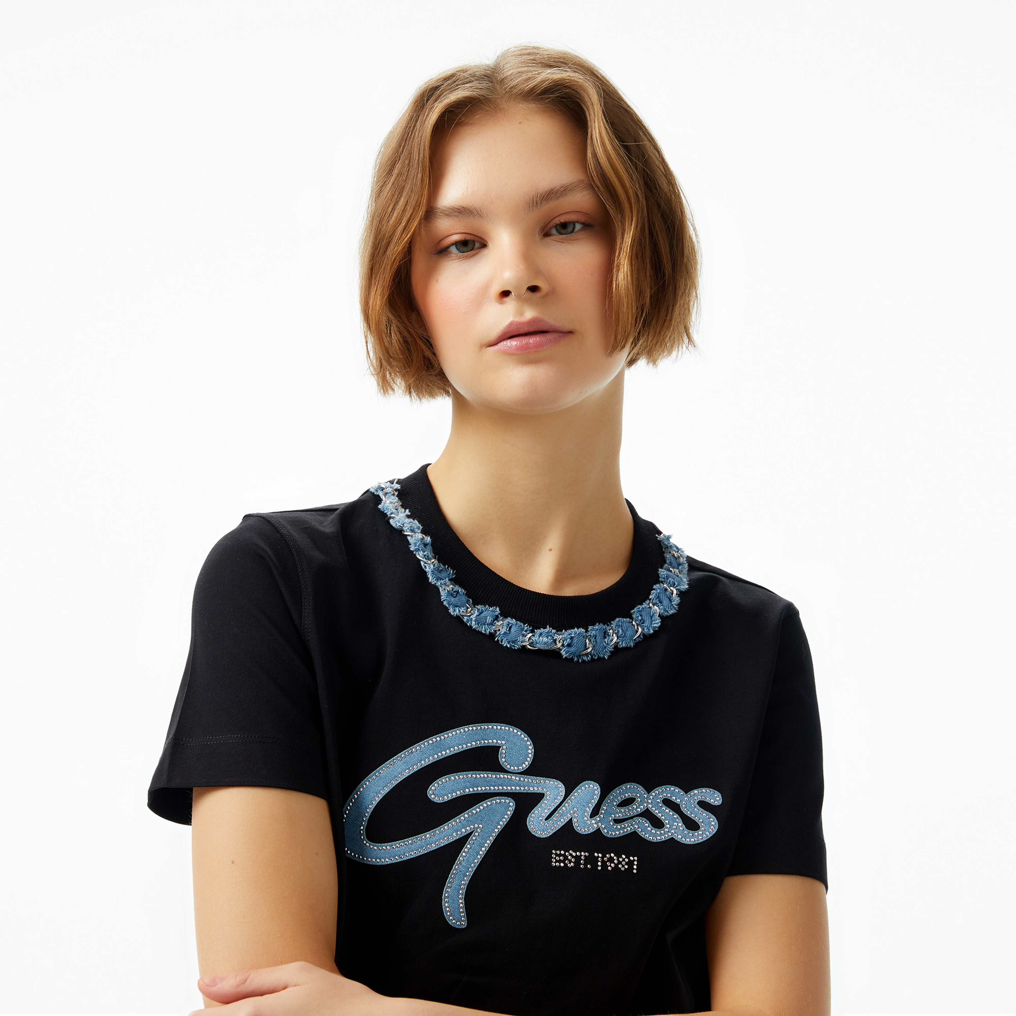 Guess Chain Mid Organic Stream 180 Kadın Siyah T-Shirt