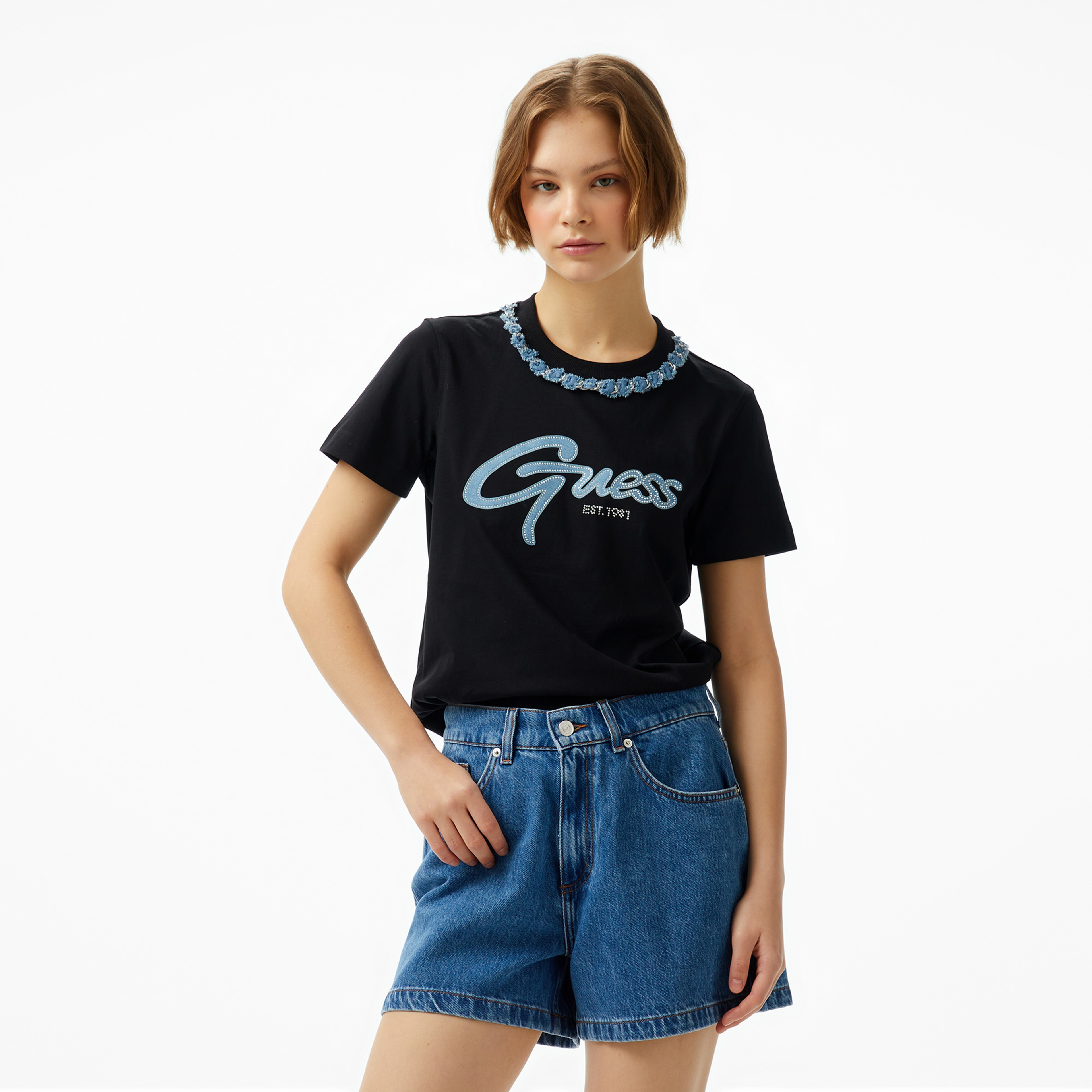 Guess Chain Mid Organic Stream 180 Kadın Siyah T-Shirt