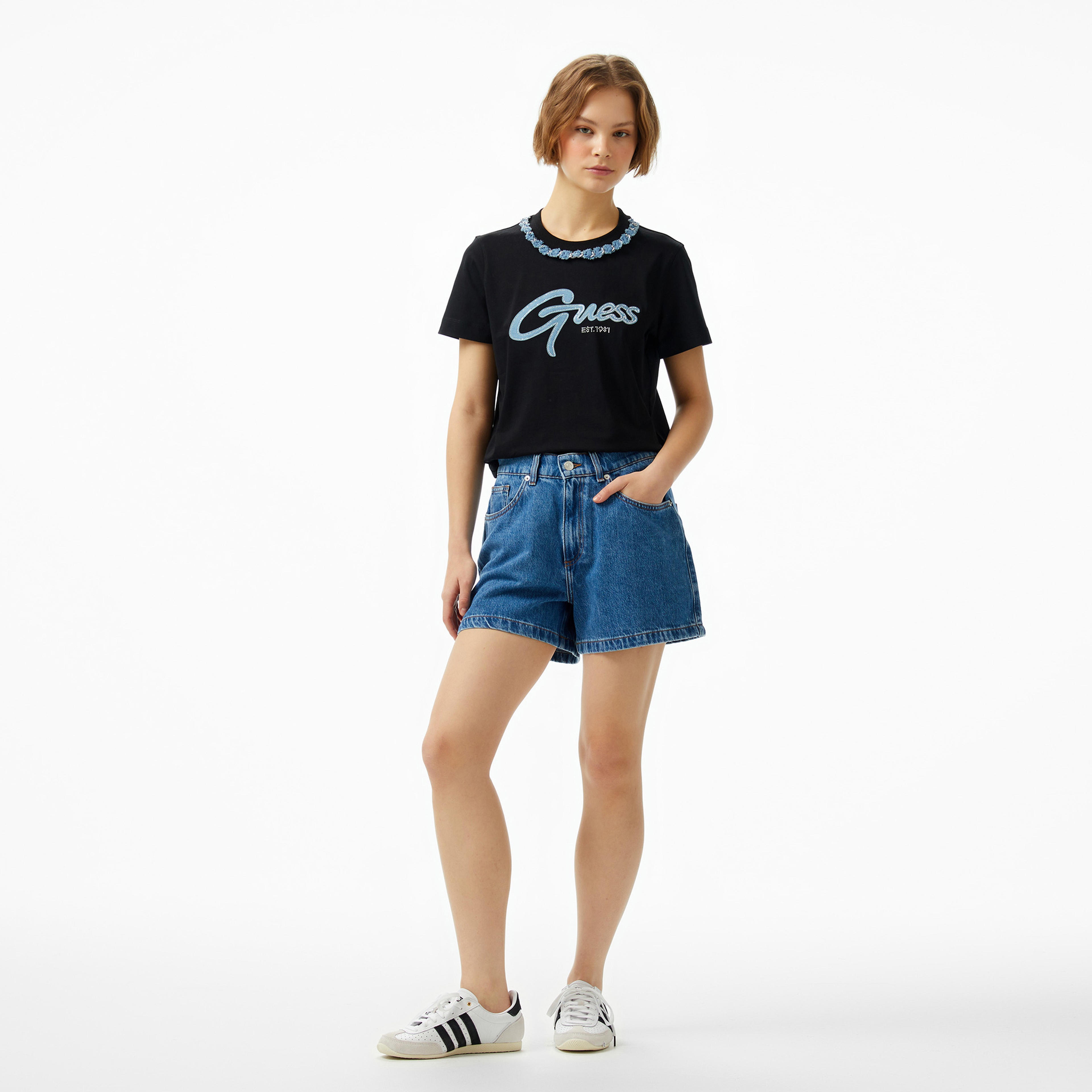 Guess Chain Mid Organic Stream 180 Kadın Siyah T-Shirt